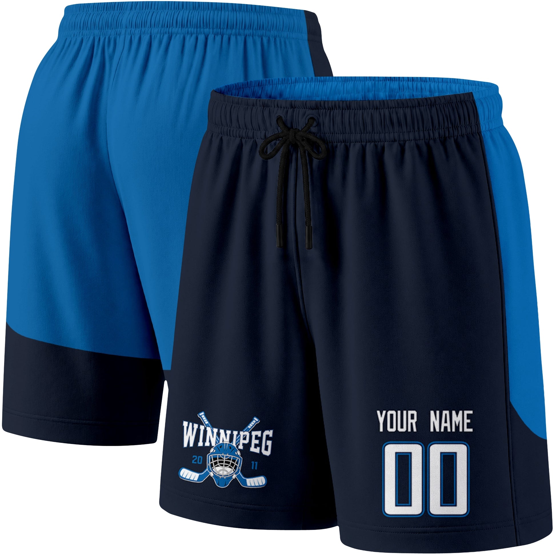 Navy color variation hockey athletic shorts shown from front and back angle with elastic waistband and drawstring detail