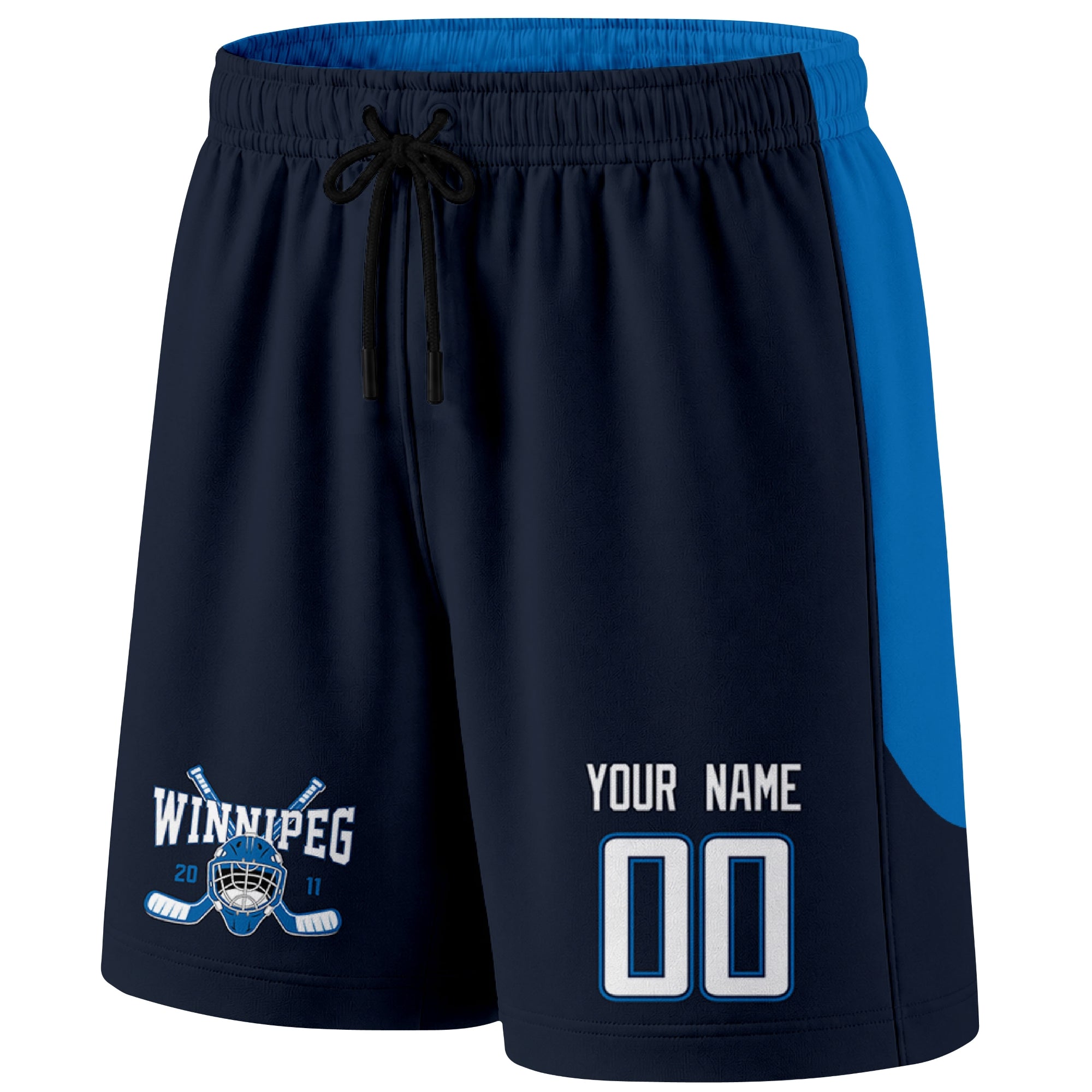 Navy Winnipeg-inspired hockey shorts front view with custom name and number print and hockey logo graphic