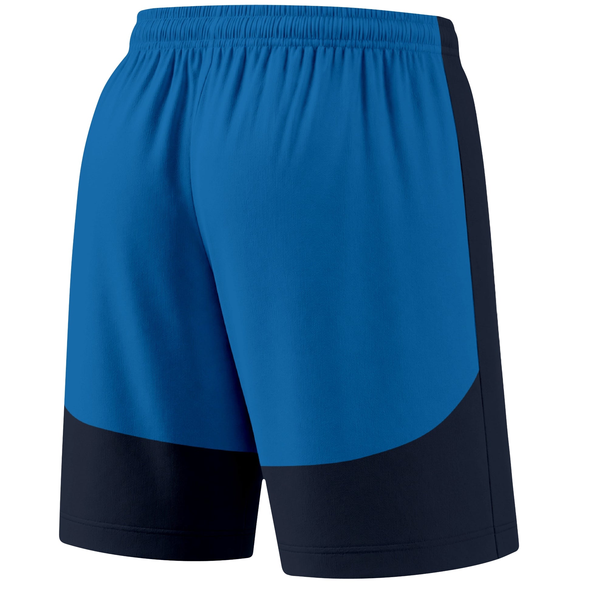 Navy color block hockey athletic shorts back and angled view highlighting breathable fabric and athletic fit design