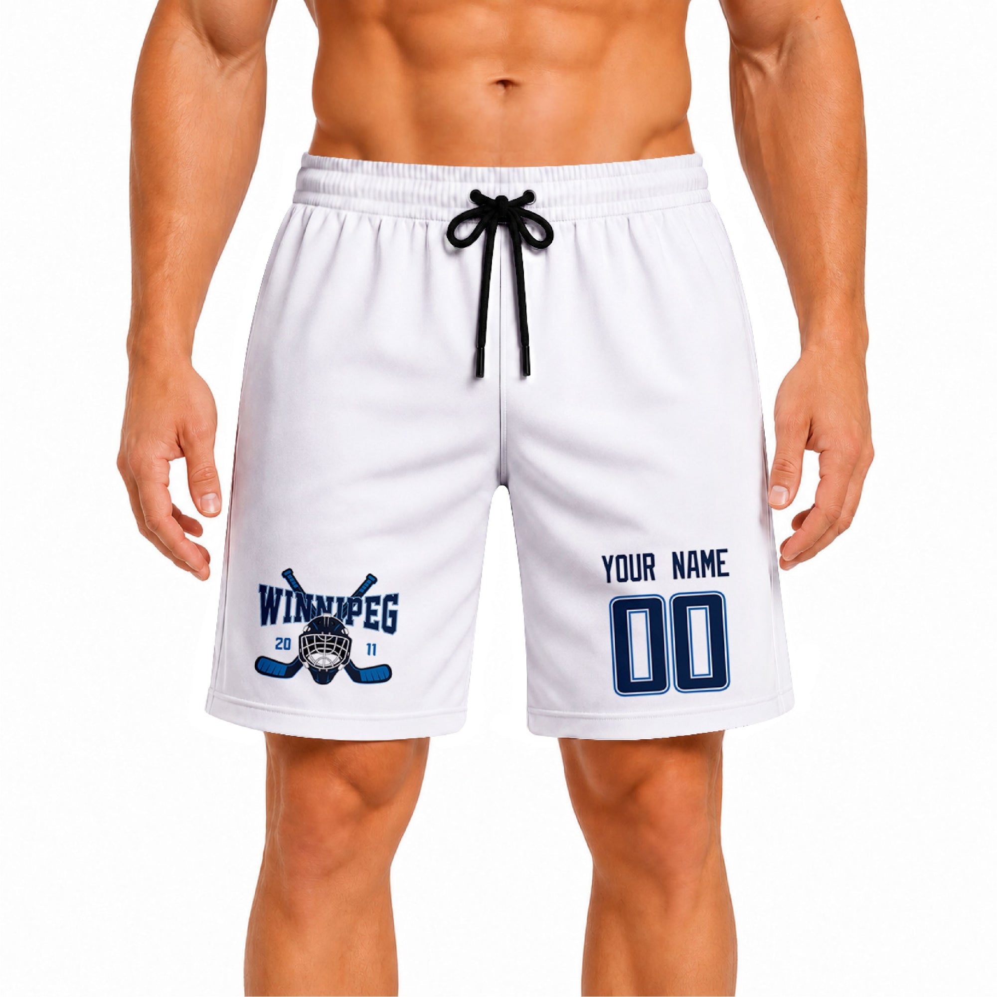 White Winnipeg-inspired hockey athletic shorts front view worn by male model, showcasing custom name, number, and team graphic