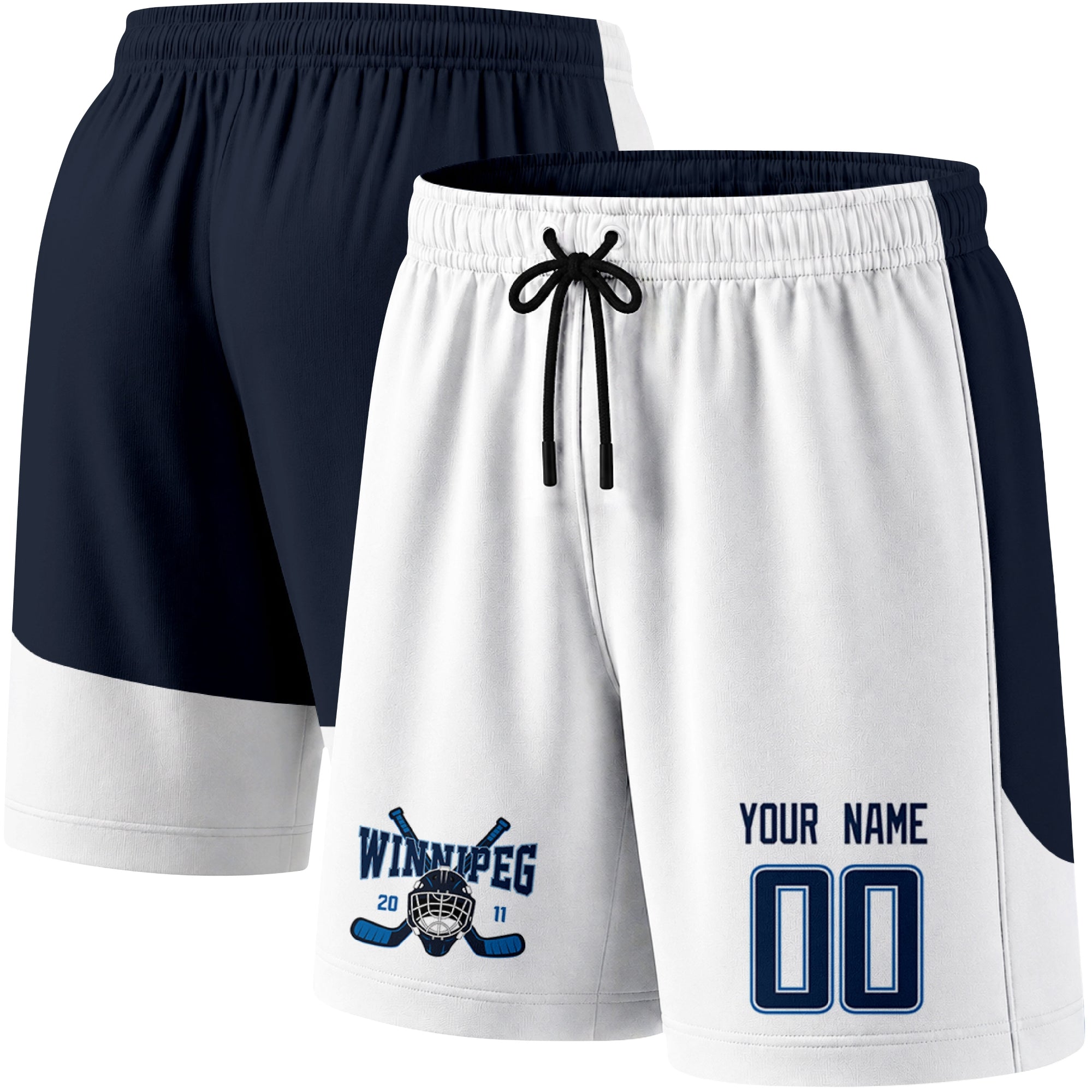 White color variation hockey athletic shorts shown from front and back angle with elastic waistband and drawstring detail