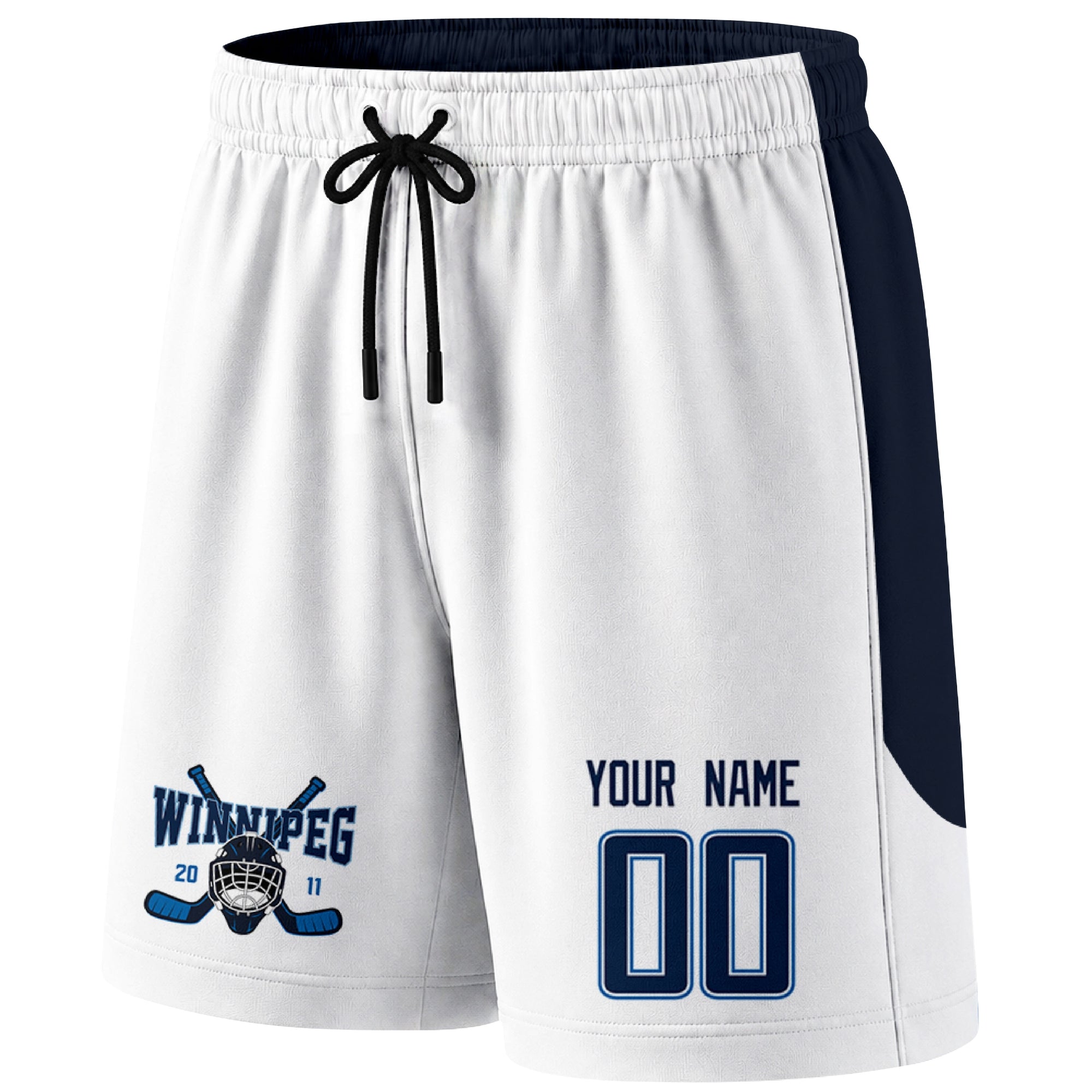 White Winnipeg-inspired hockey shorts front view with custom name and number print and hockey logo graphic