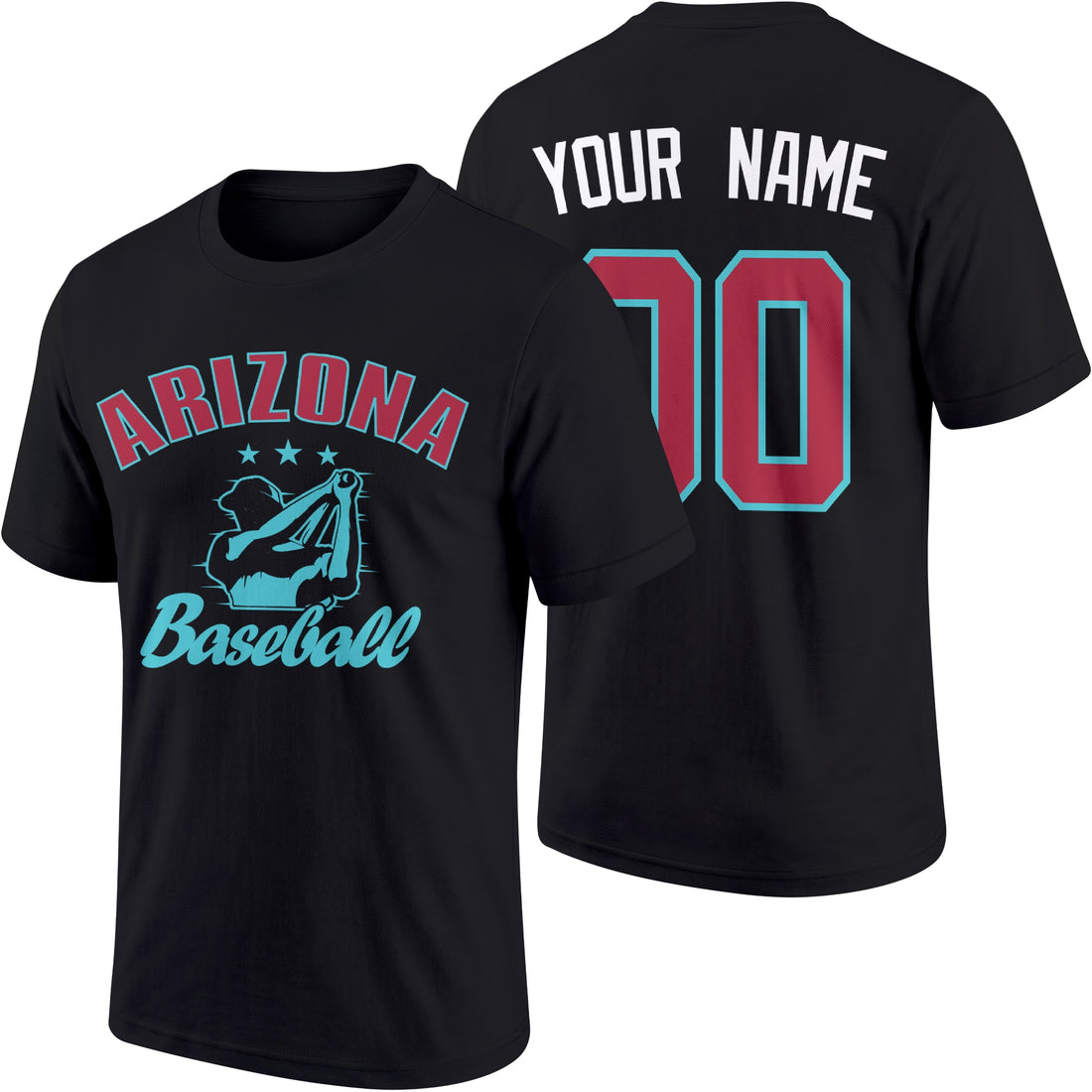 Arizona personalized adult baseball T shirt in Black showing front and back with custom name and number