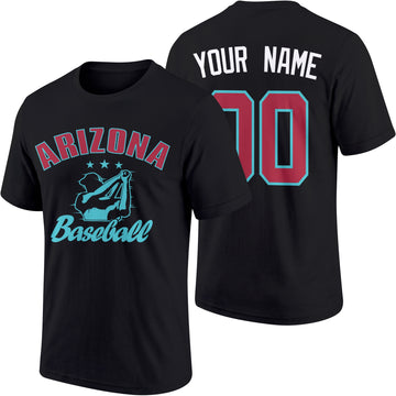 Arizona personalized adult baseball T shirt in Black showing front and back with custom name and number