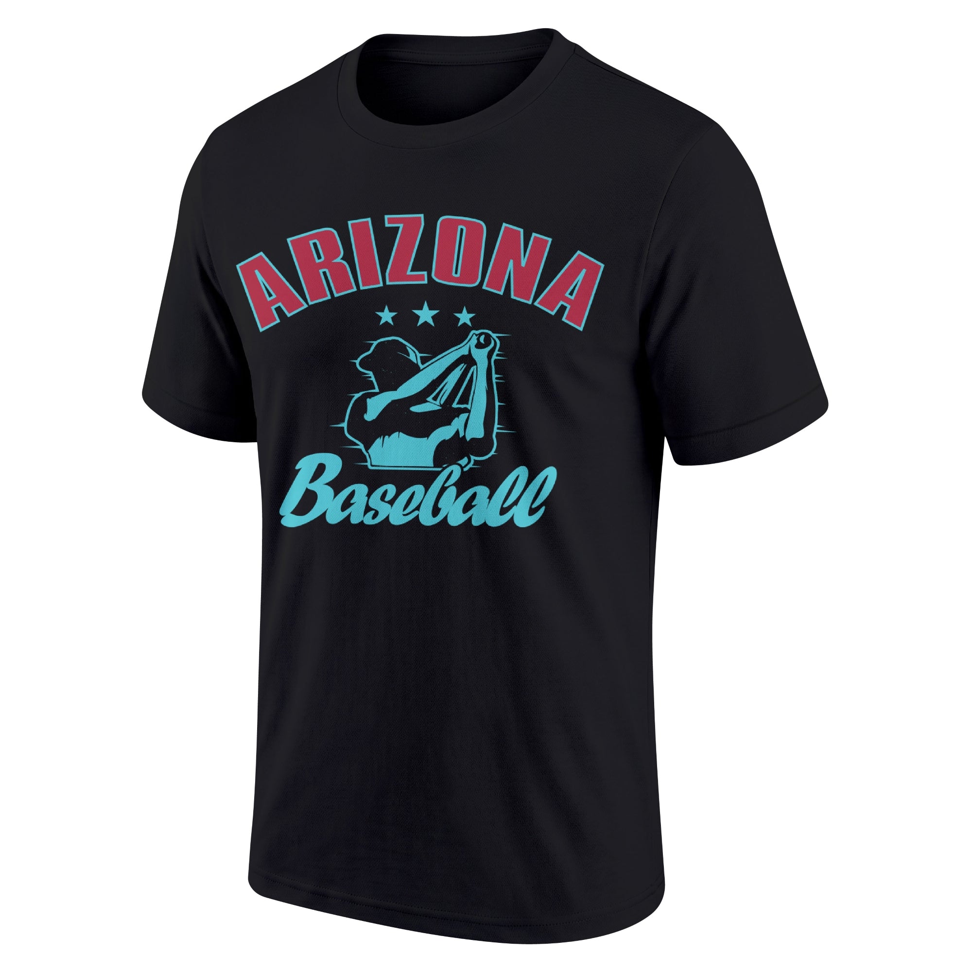 Arizona Black adult baseball T shirt front view with city lettering baseball player graphic and Baseball script