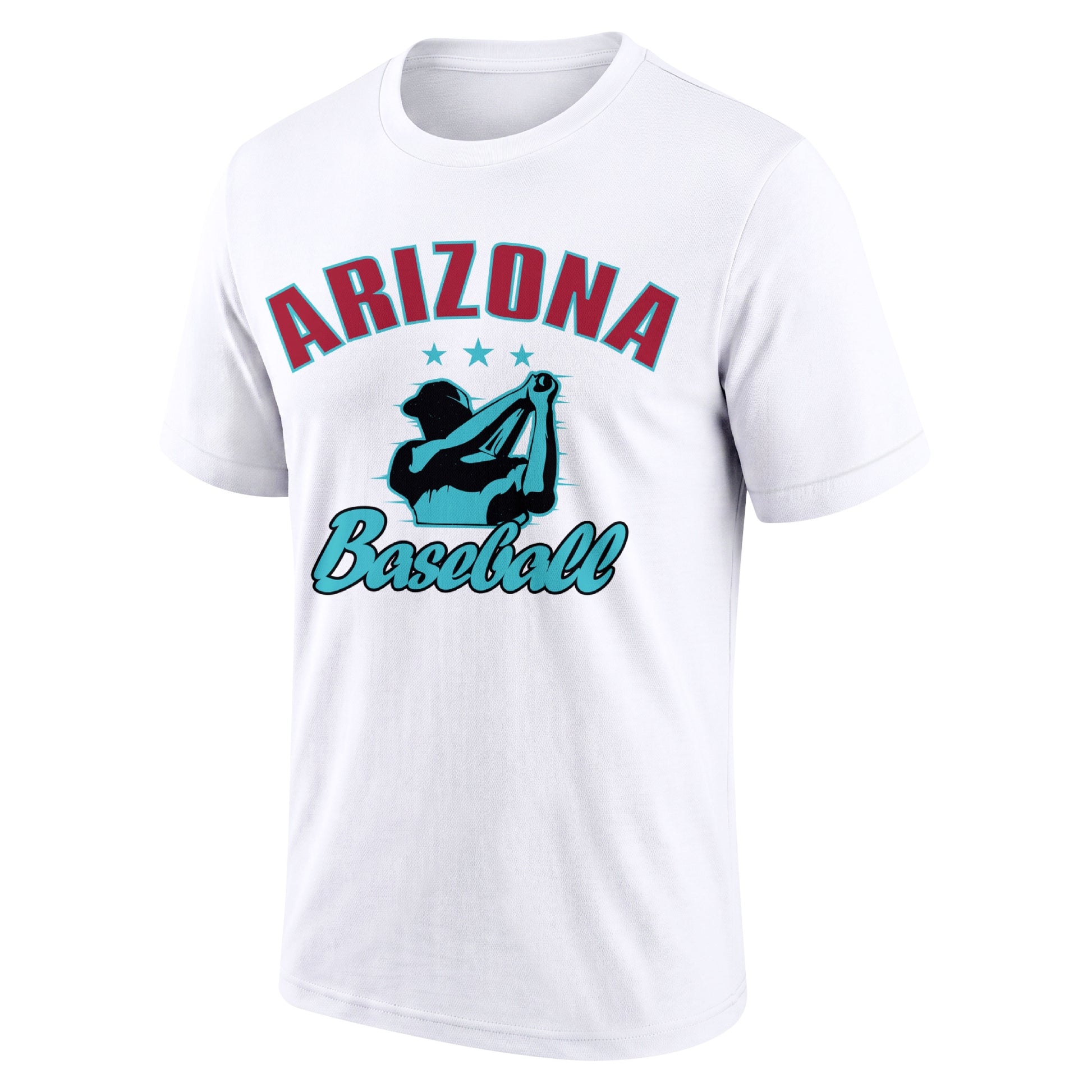 Arizona White adult baseball T shirt front view with city lettering baseball player graphic and Baseball script