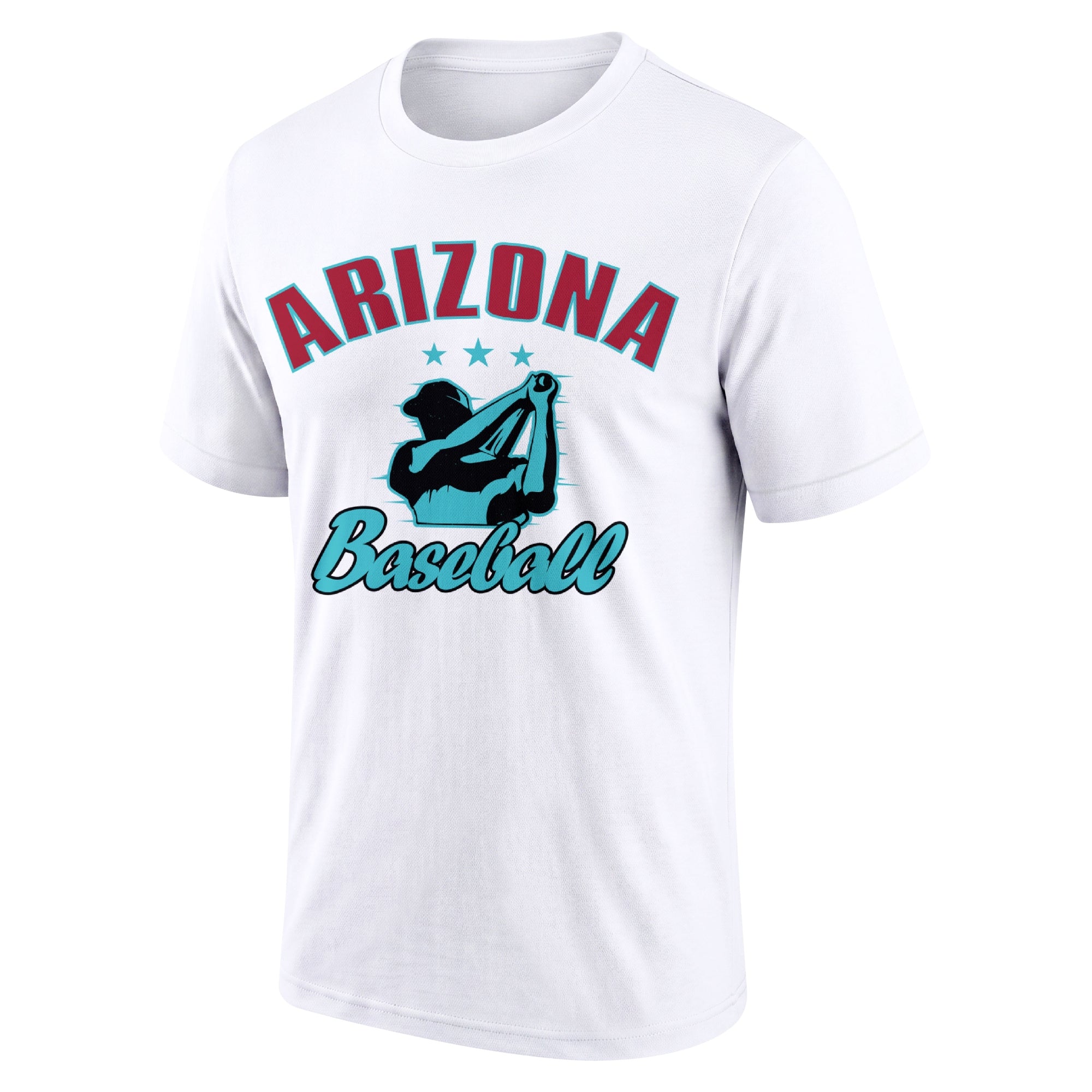 Arizona White adult baseball T shirt front view with city lettering baseball player graphic and Baseball script