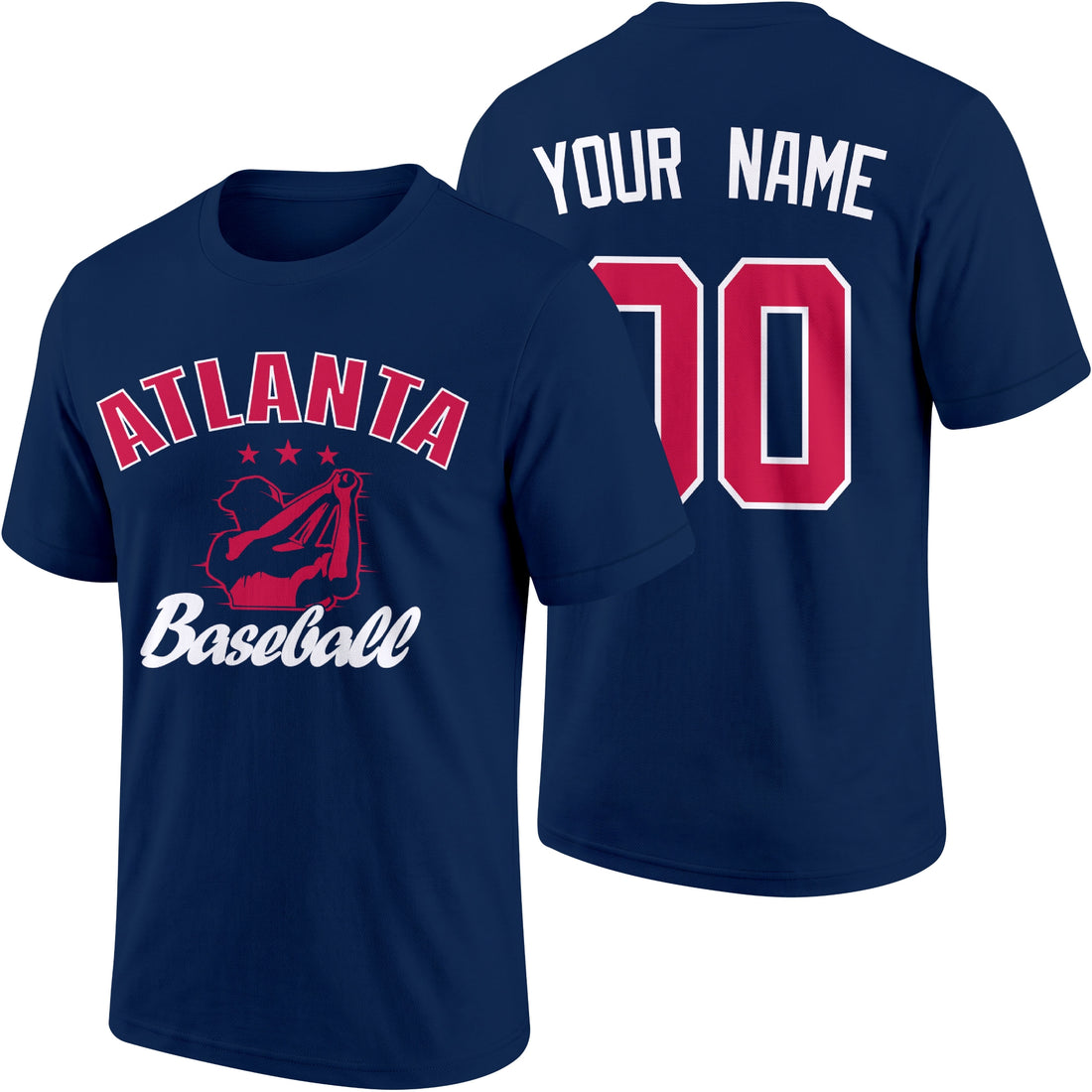 Atlanta personalized adult baseball T shirt in Navy showing front and back with custom name and number