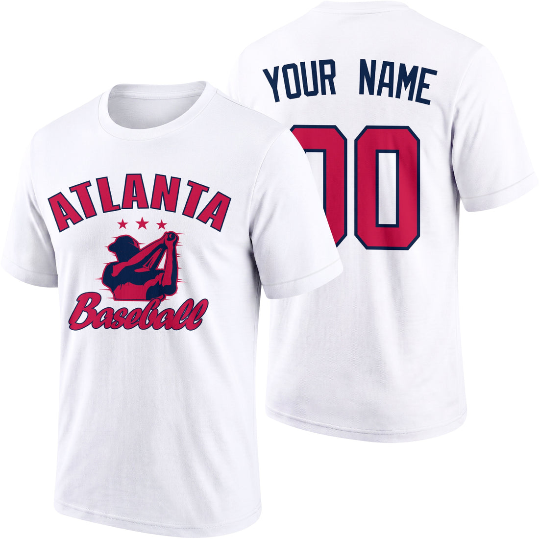 Atlanta personalized adult baseball T shirt in Navy showing front and back with custom name and number