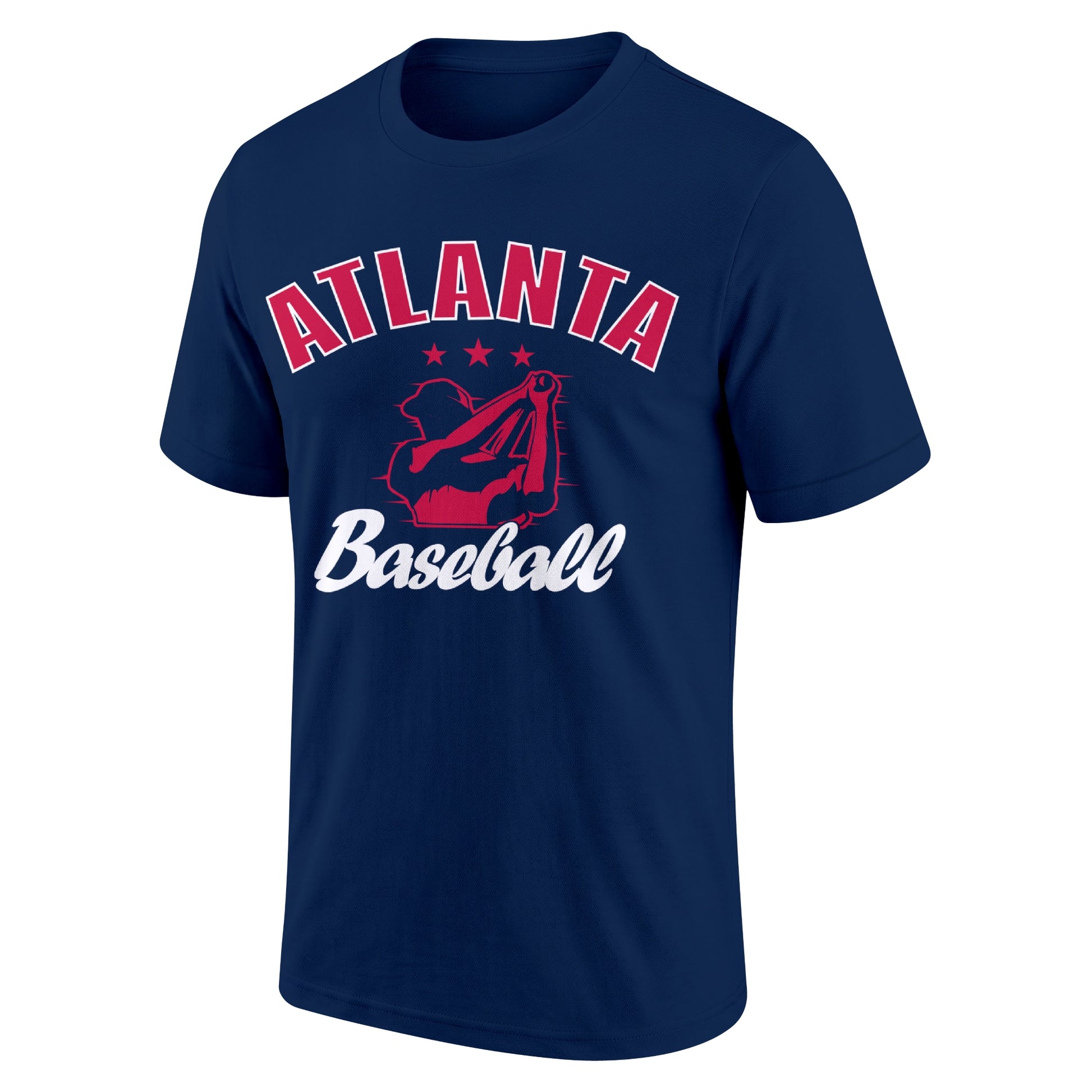 Atlanta Navy adult baseball T shirt front view with city lettering baseball player graphic and Baseball script