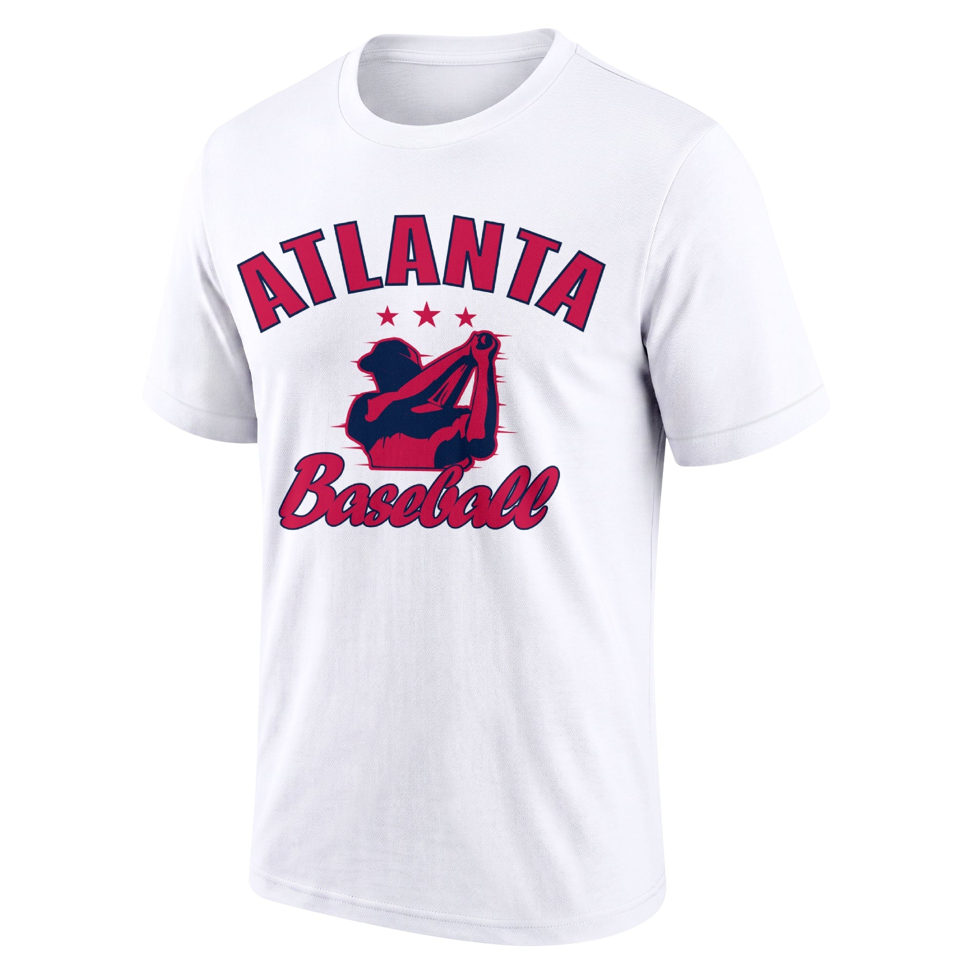 Atlanta White adult baseball T shirt front view with city lettering baseball player graphic and Baseball script