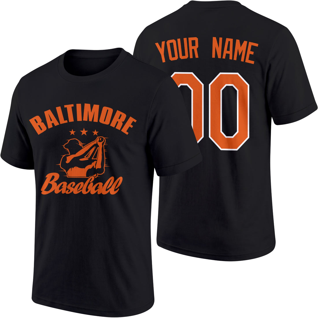 Baltimore personalized adult baseball T shirt in Black showing front and back with custom name and number