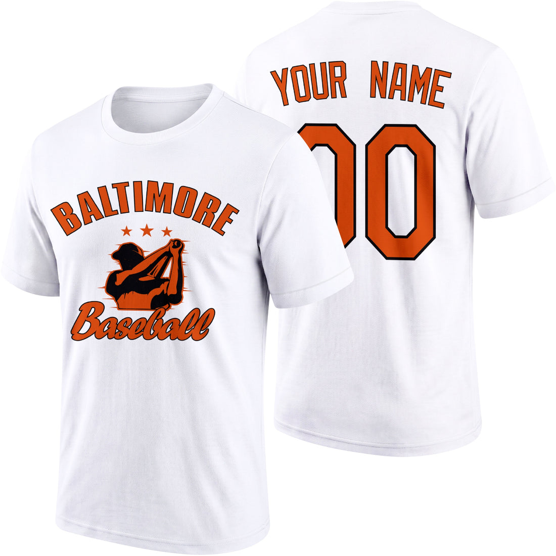 Baltimore personalized adult baseball T shirt in Black showing front and back with custom name and number