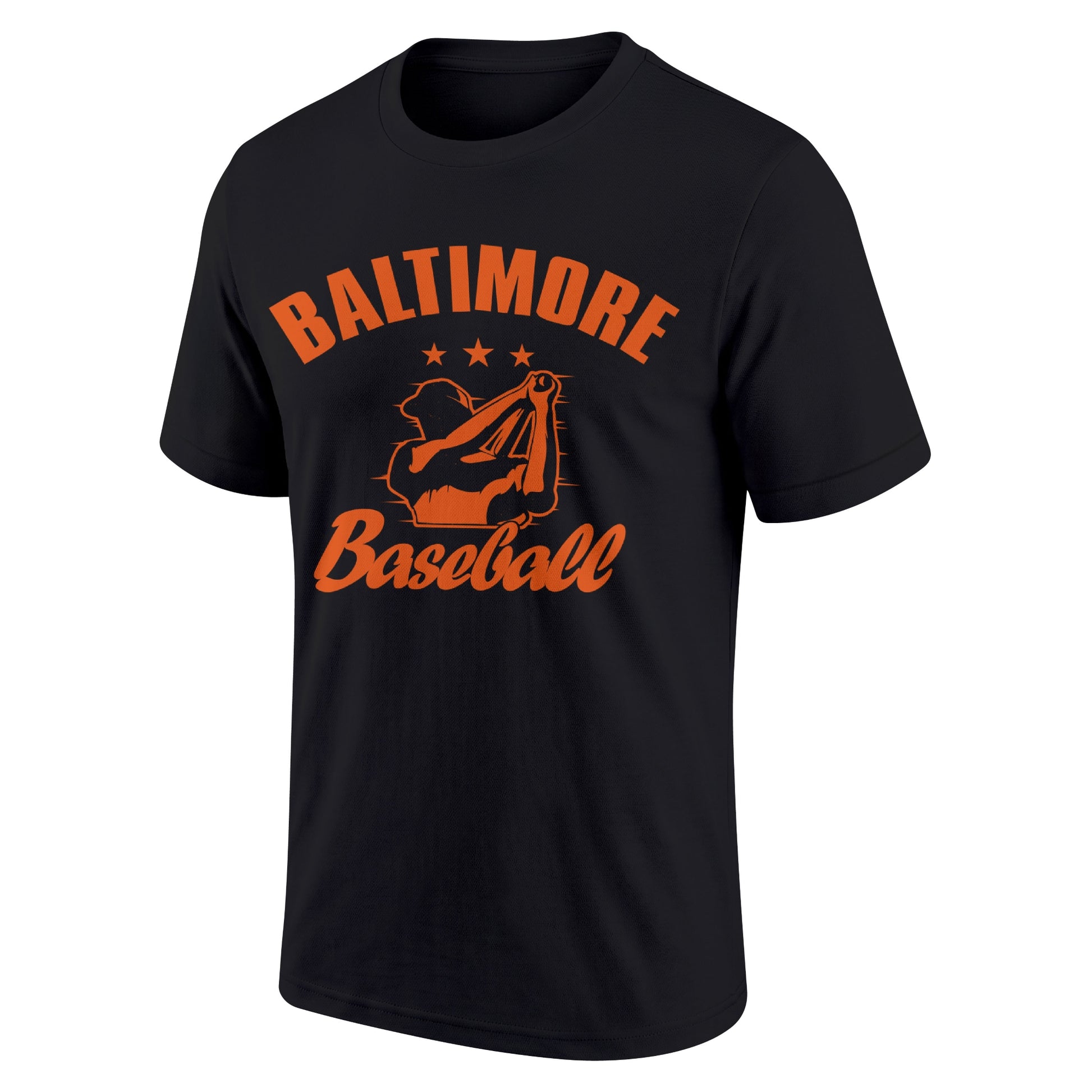 Baltimore Black adult baseball T shirt front view with city lettering baseball player graphic and Baseball script