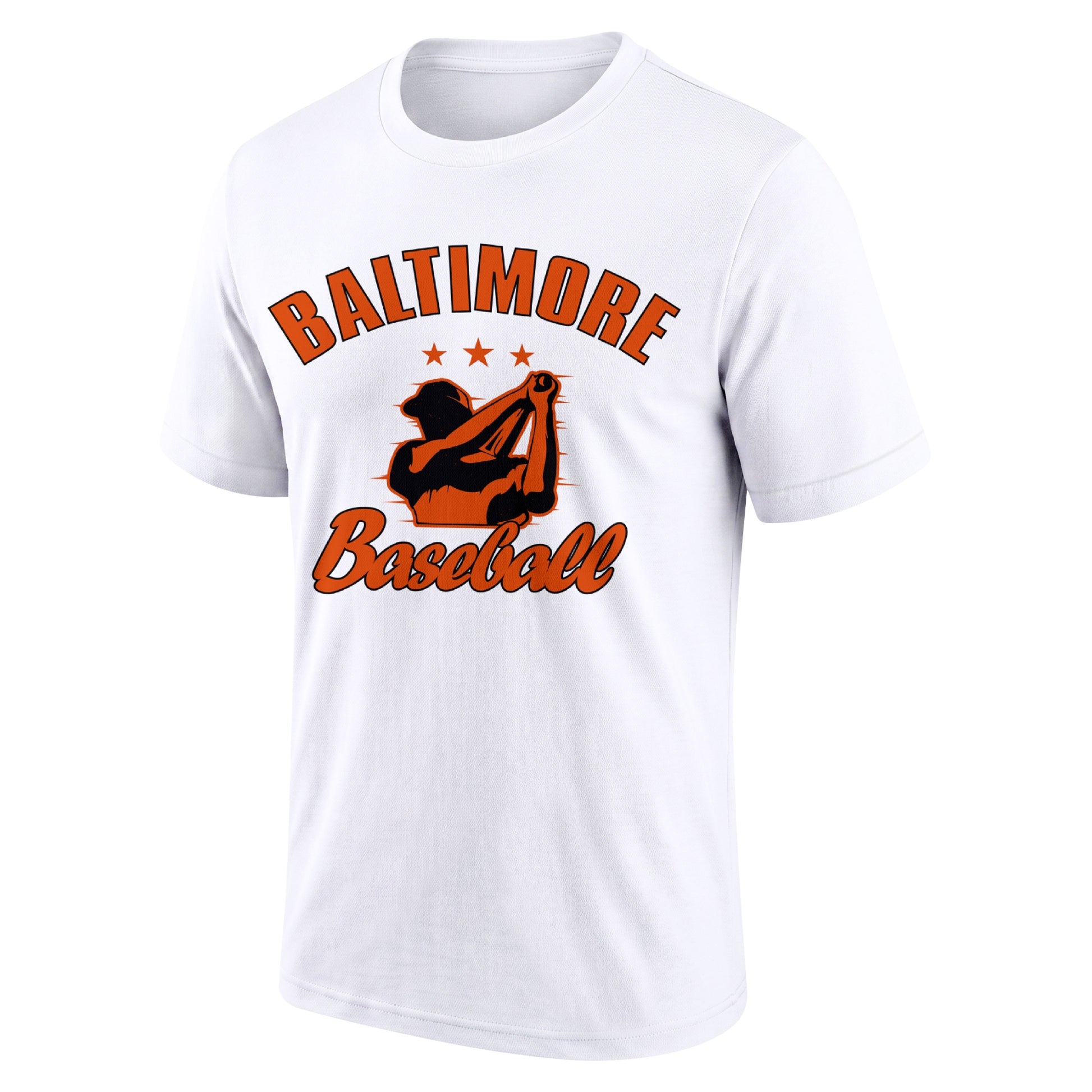 Baltimore White adult baseball T shirt front view with city lettering baseball player graphic and Baseball script