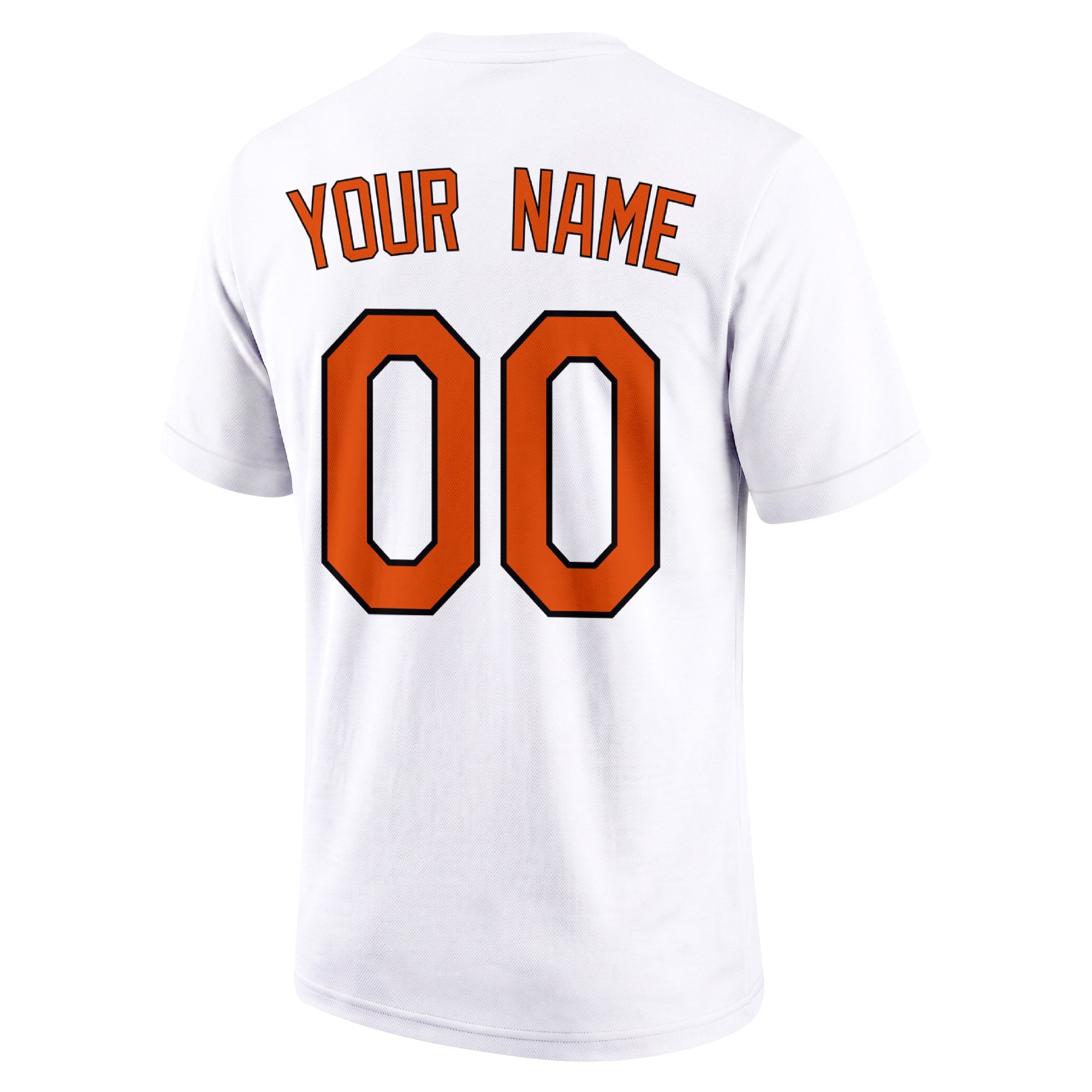 Baltimore White adult baseball T shirt back view with customizable name and large jersey number
