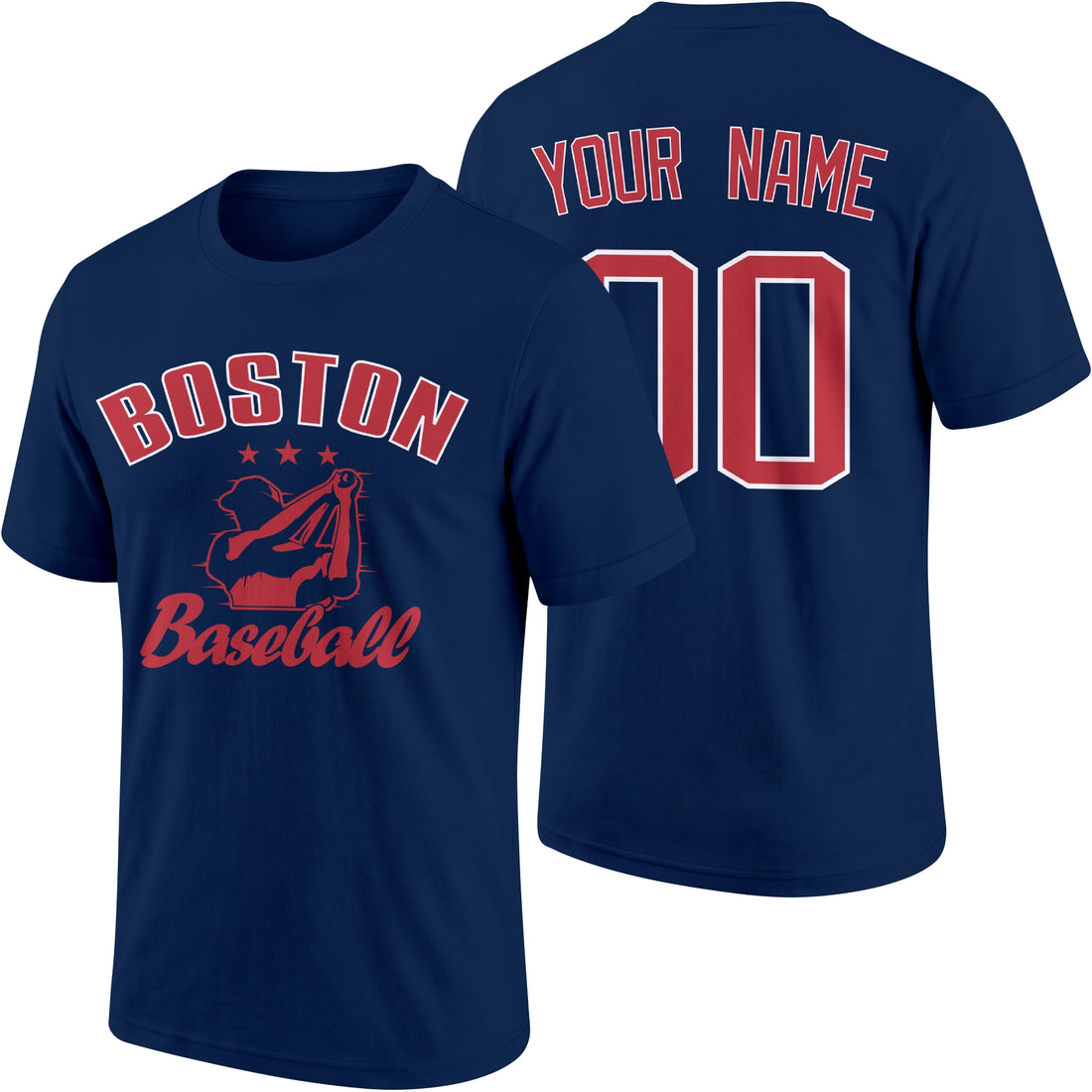 Boston personalized adult baseball T shirt in Navy showing front and back with custom name and number