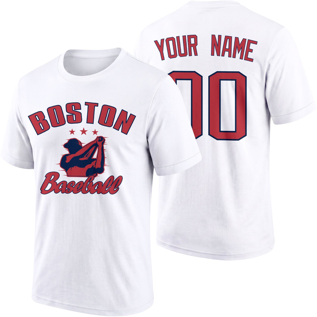 Boston personalized adult baseball T shirt in Navy showing front and back with custom name and number