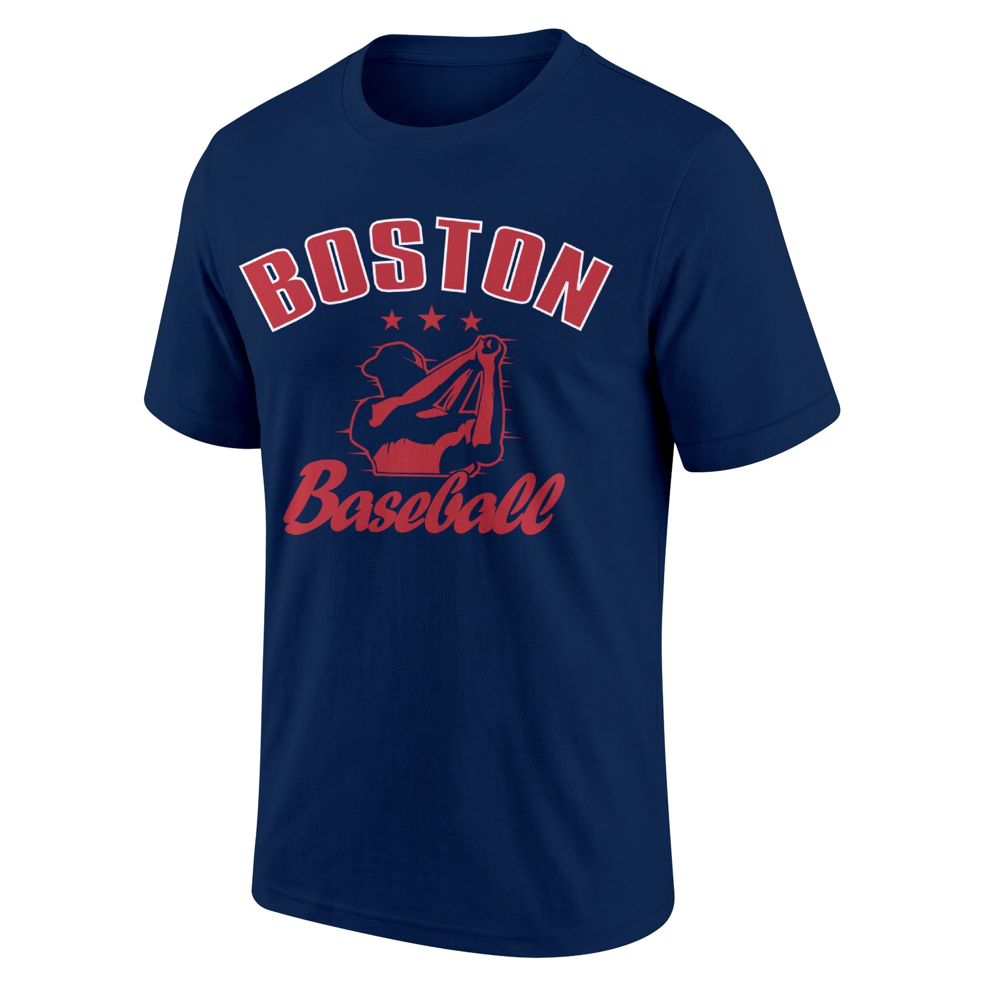 Boston Navy adult baseball T shirt front view with city lettering baseball player graphic and Baseball script