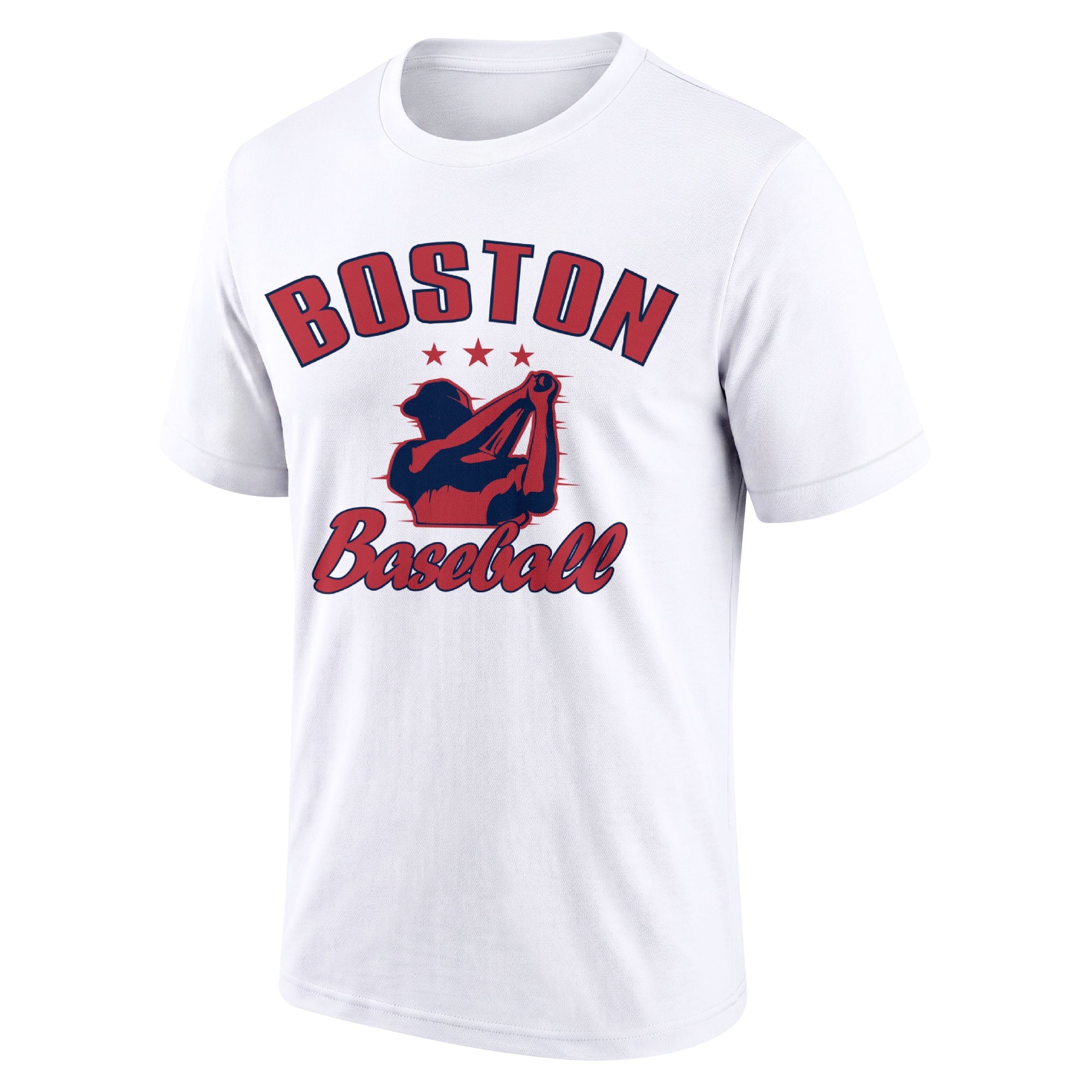 Boston White adult baseball T shirt front view with city lettering baseball player graphic and Baseball script