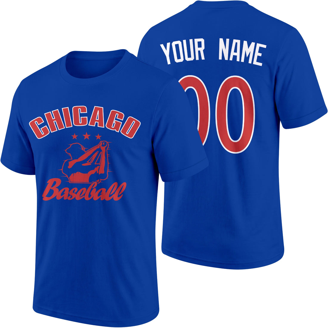 Chicago personalized adult baseball T shirt in Royal showing front and back with custom name and number