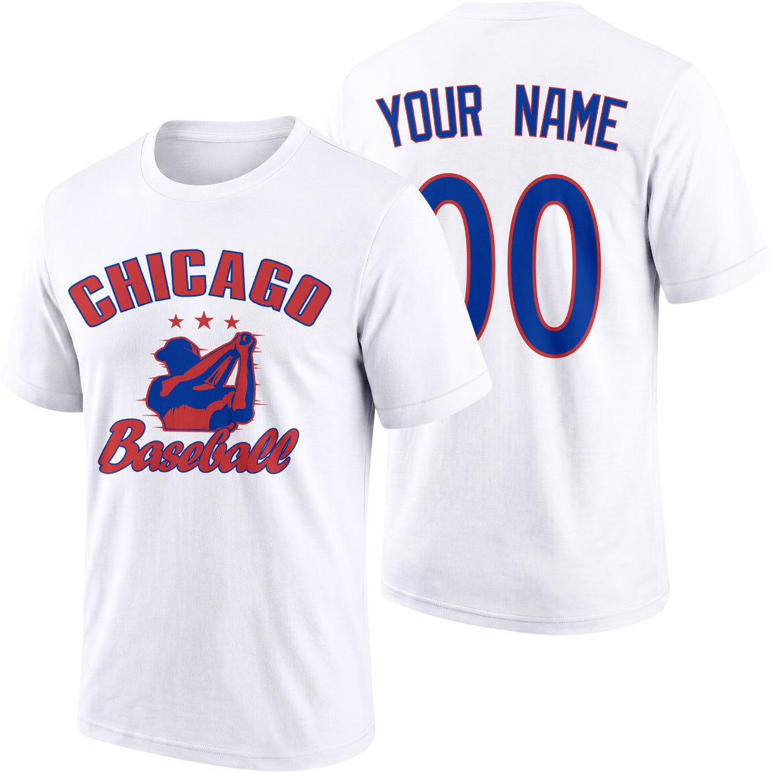 Chicago personalized adult baseball T shirt in Royal showing front and back with custom name and number
