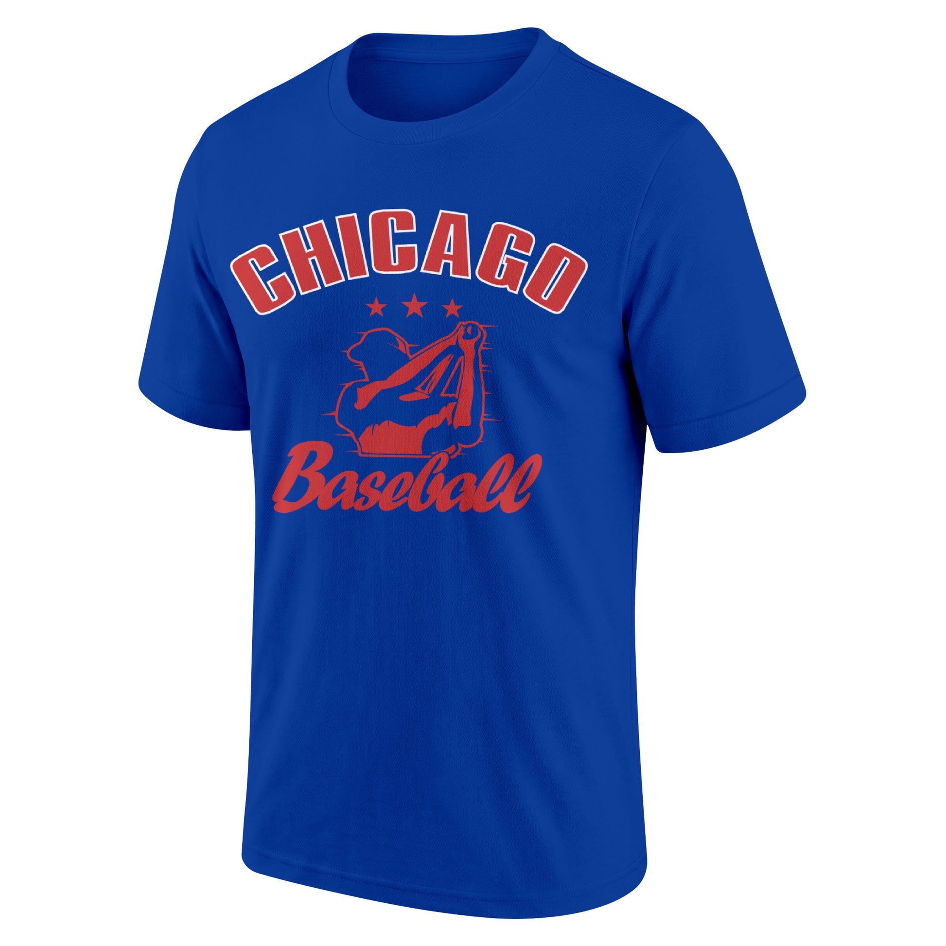 Chicago Royal adult baseball T shirt front view with city lettering baseball player graphic and Baseball script