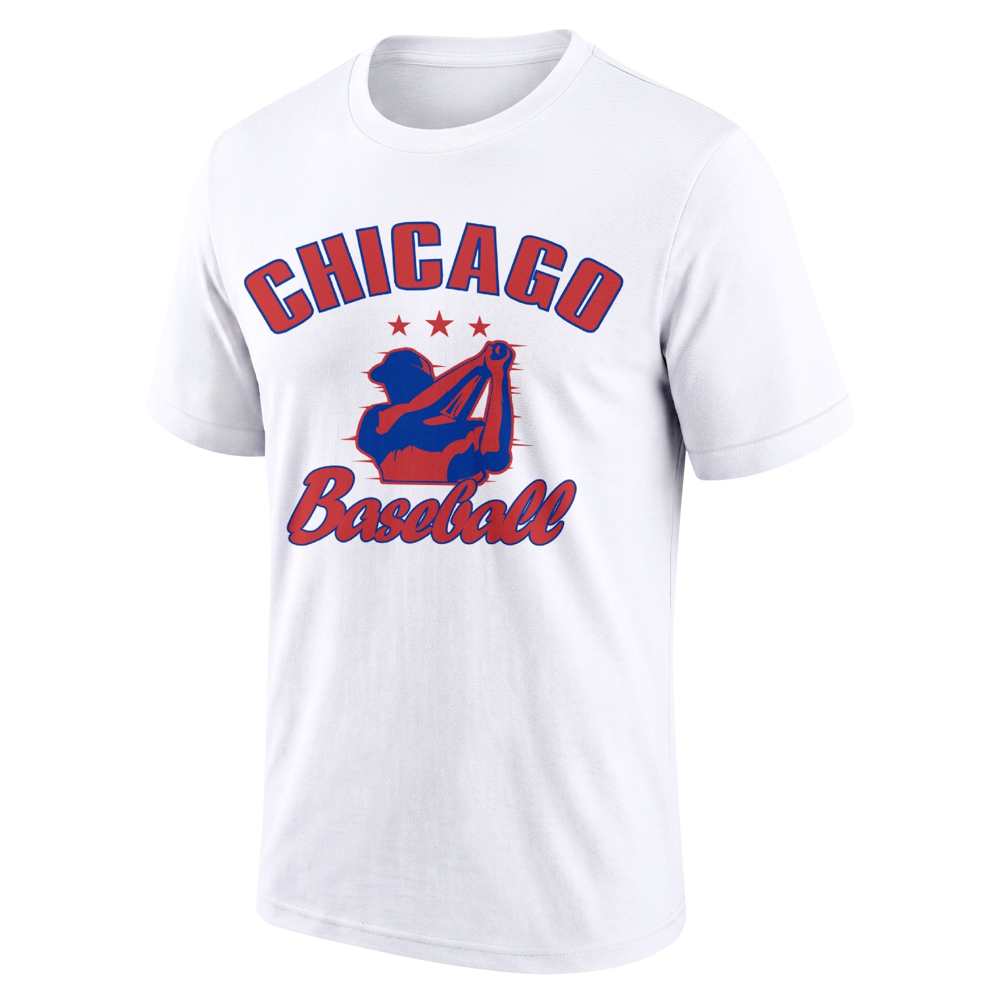 Chicago White adult baseball T shirt front view with city lettering baseball player graphic and Baseball script