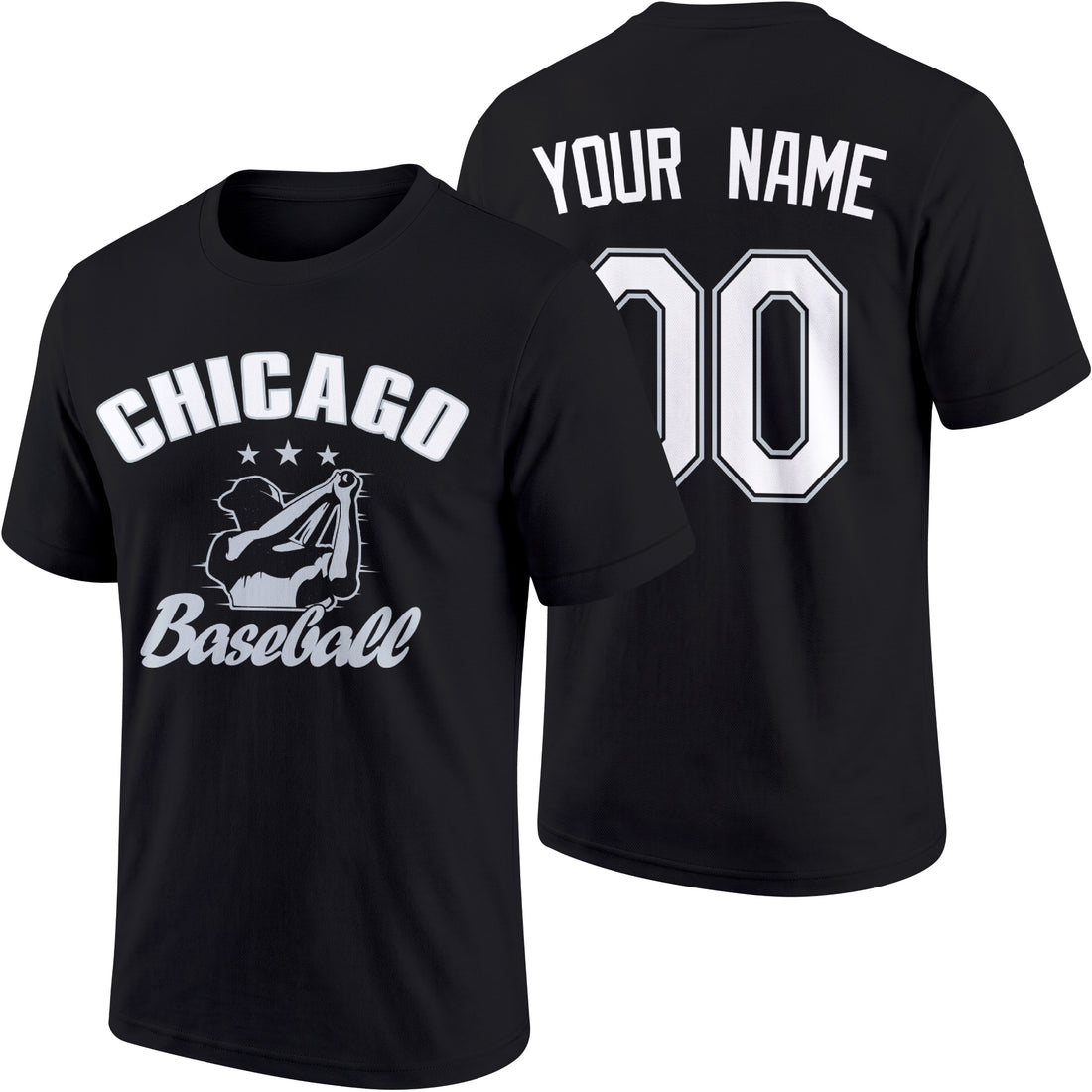Chicago personalized adult baseball T shirt in Black showing front and back with custom name and number