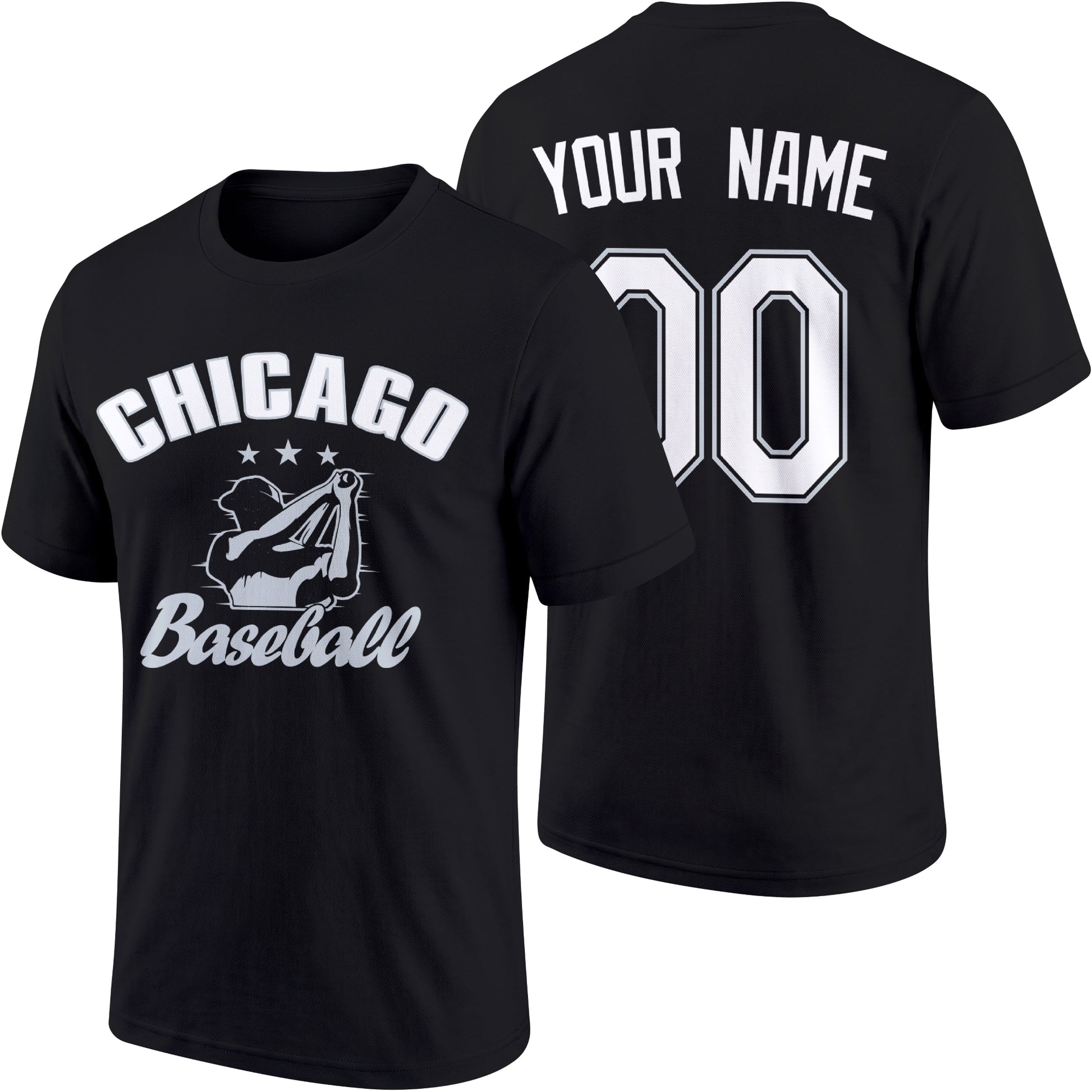 Chicago personalized adult baseball T shirt in Black showing front and back with custom name and number