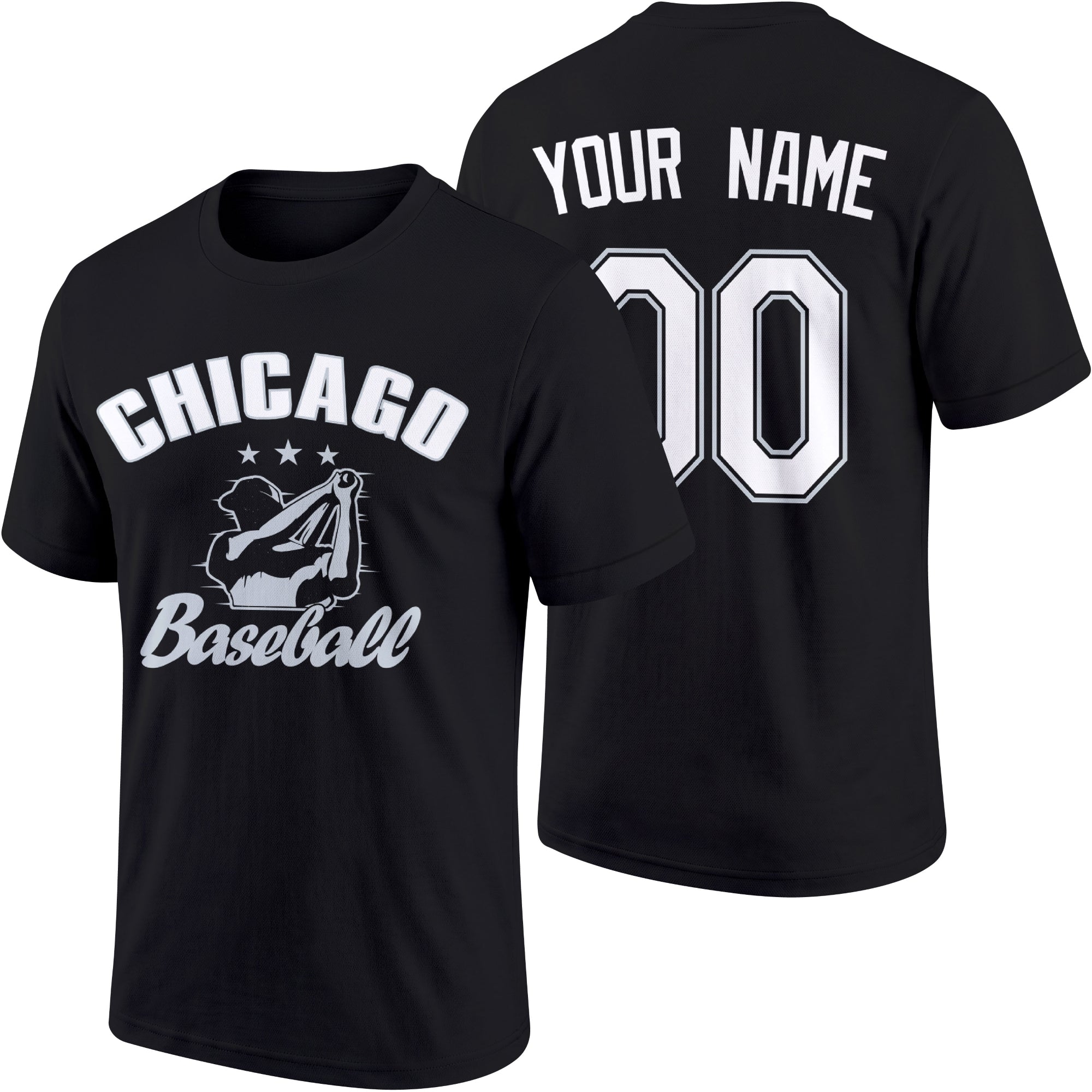 Chicago personalized adult baseball T shirt in Black showing front and back with custom name and number