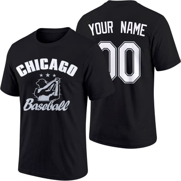 Chicago personalized adult baseball T shirt in Black showing front and back with custom name and number