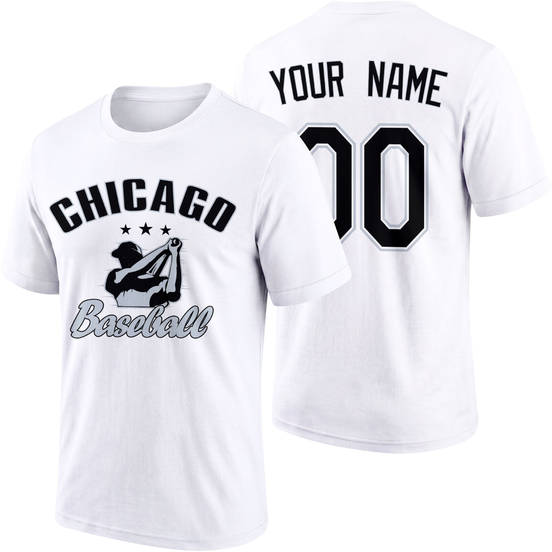 Chicago personalized adult baseball T shirt in Black showing front and back with custom name and number