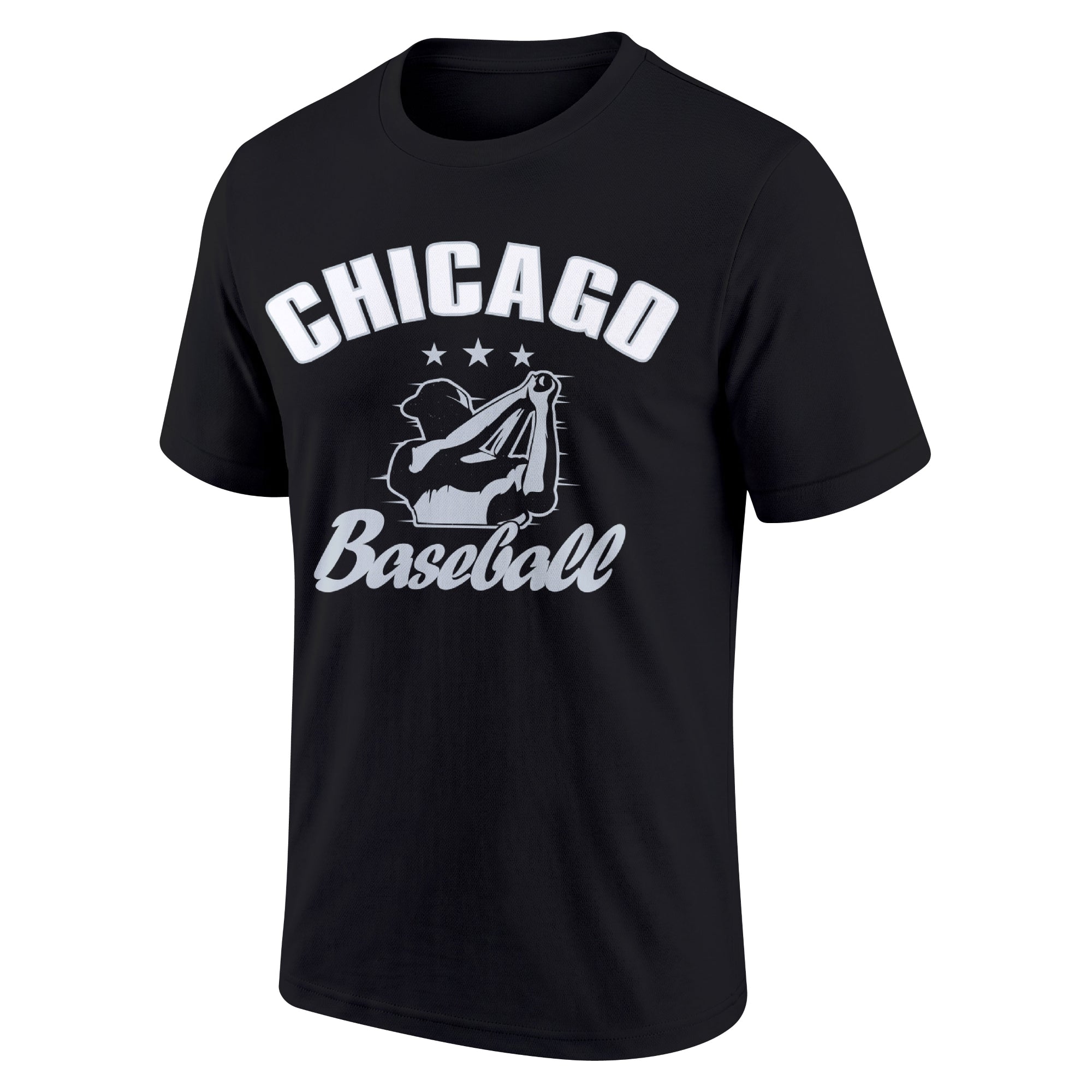 Chicago Black adult baseball T shirt front view with city lettering baseball player graphic and Baseball script