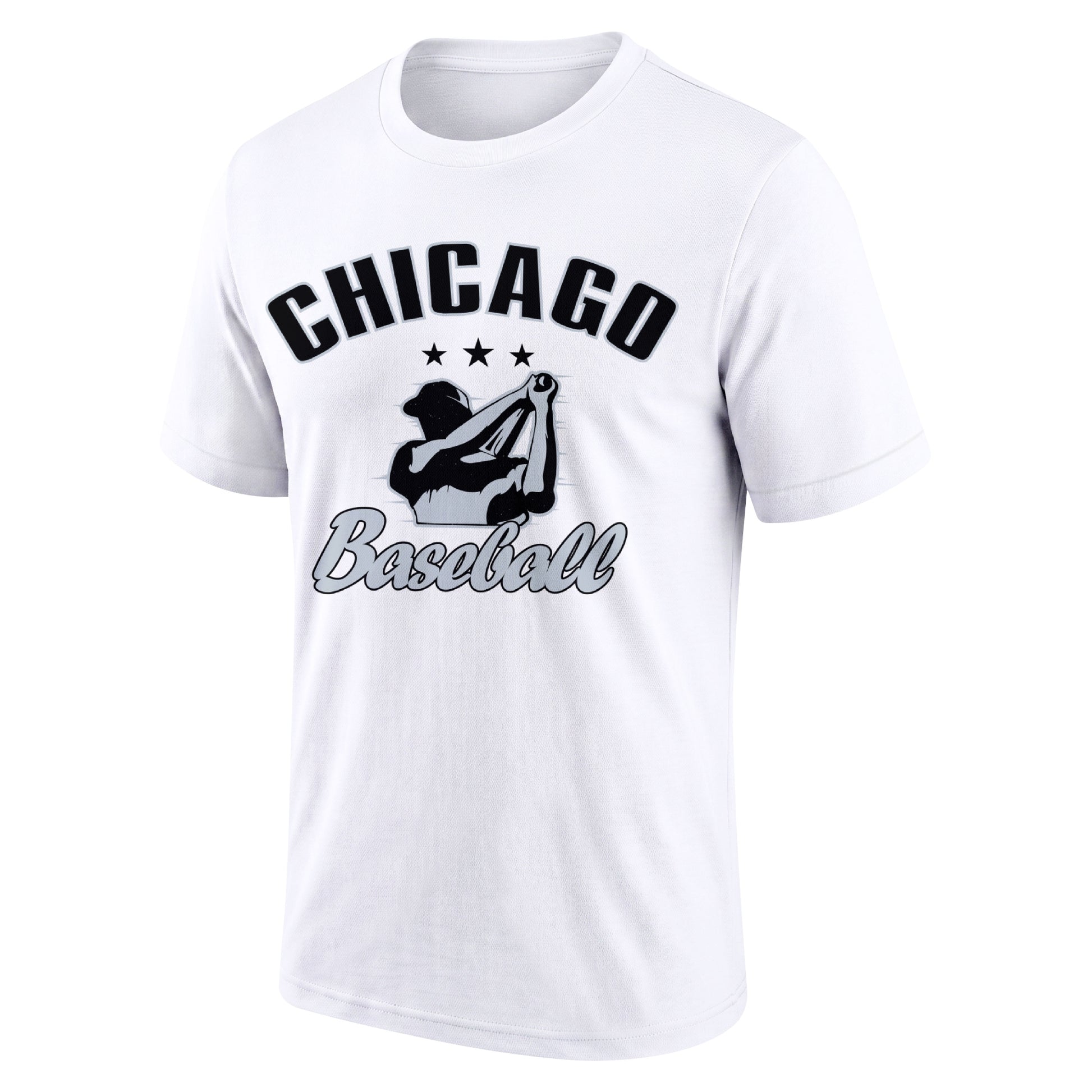 Chicago White adult baseball T shirt front view with city lettering baseball player graphic and Baseball script