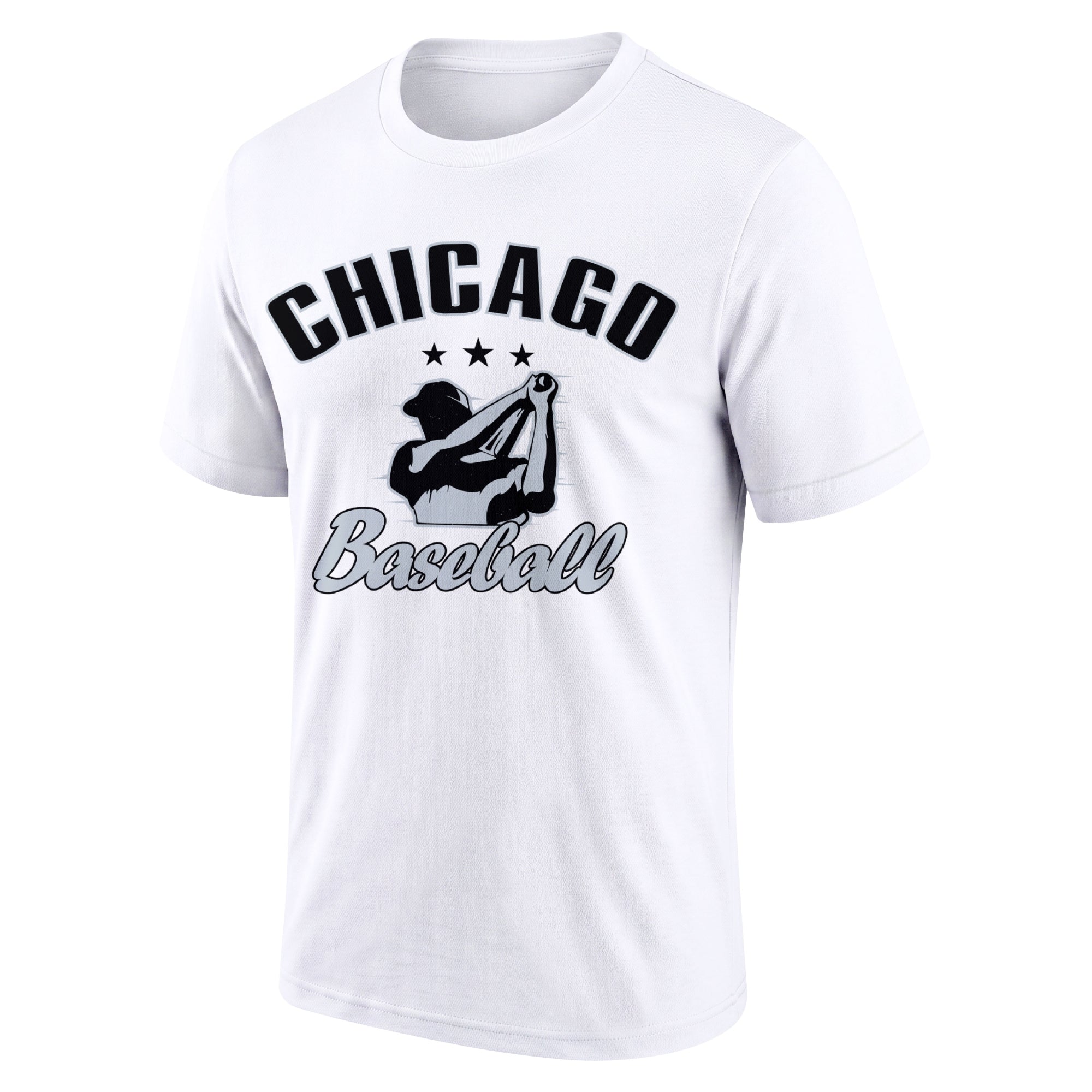 Chicago White adult baseball T shirt front view with city lettering baseball player graphic and Baseball script