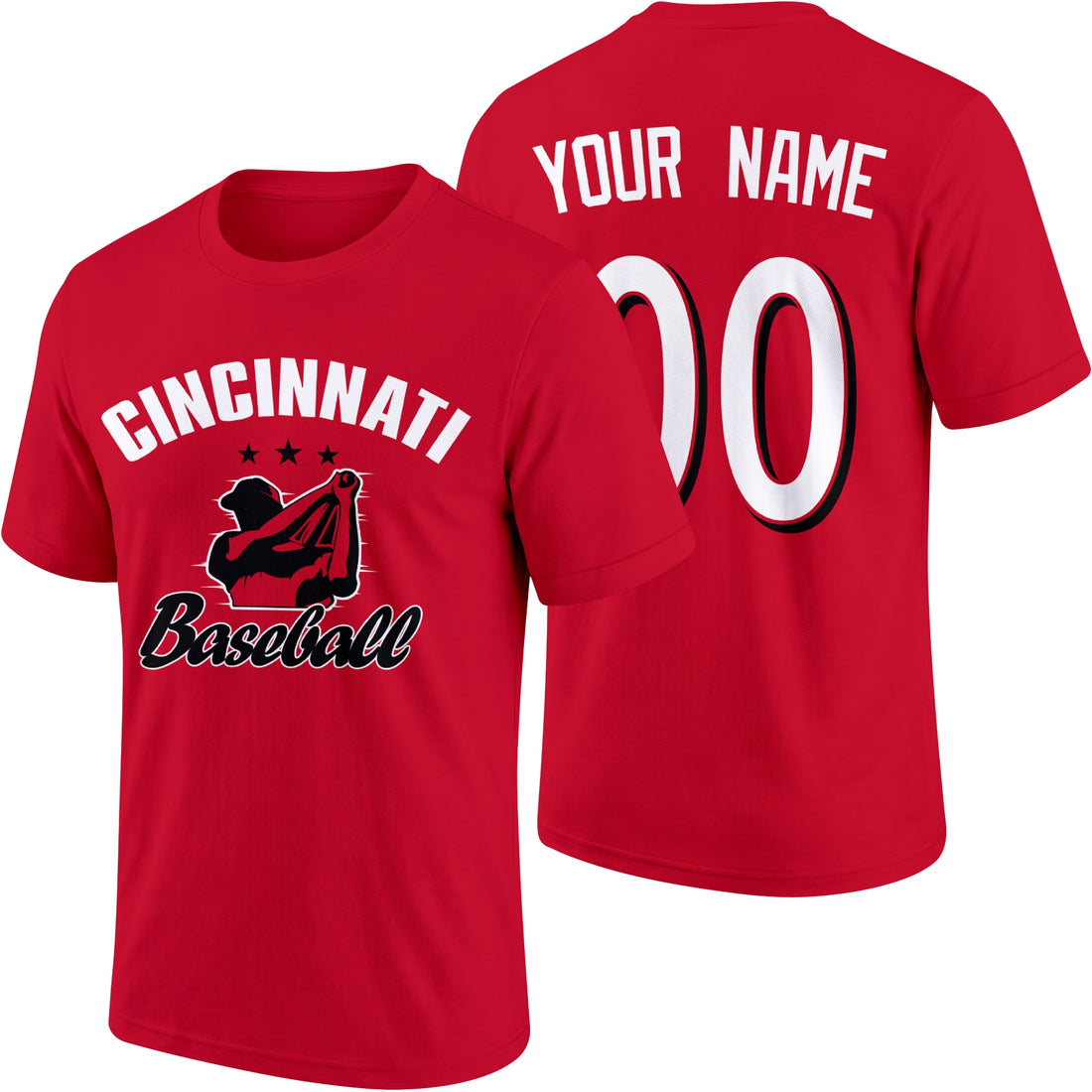 Cincinnati personalized adult baseball T shirt in Red showing front and back with custom name and number