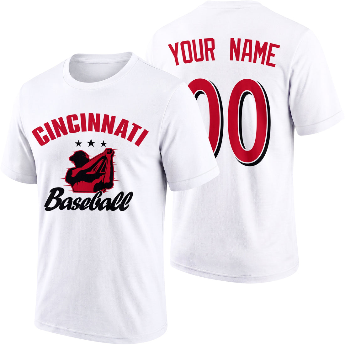 Cincinnati personalized adult baseball T shirt in Red showing front and back with custom name and number