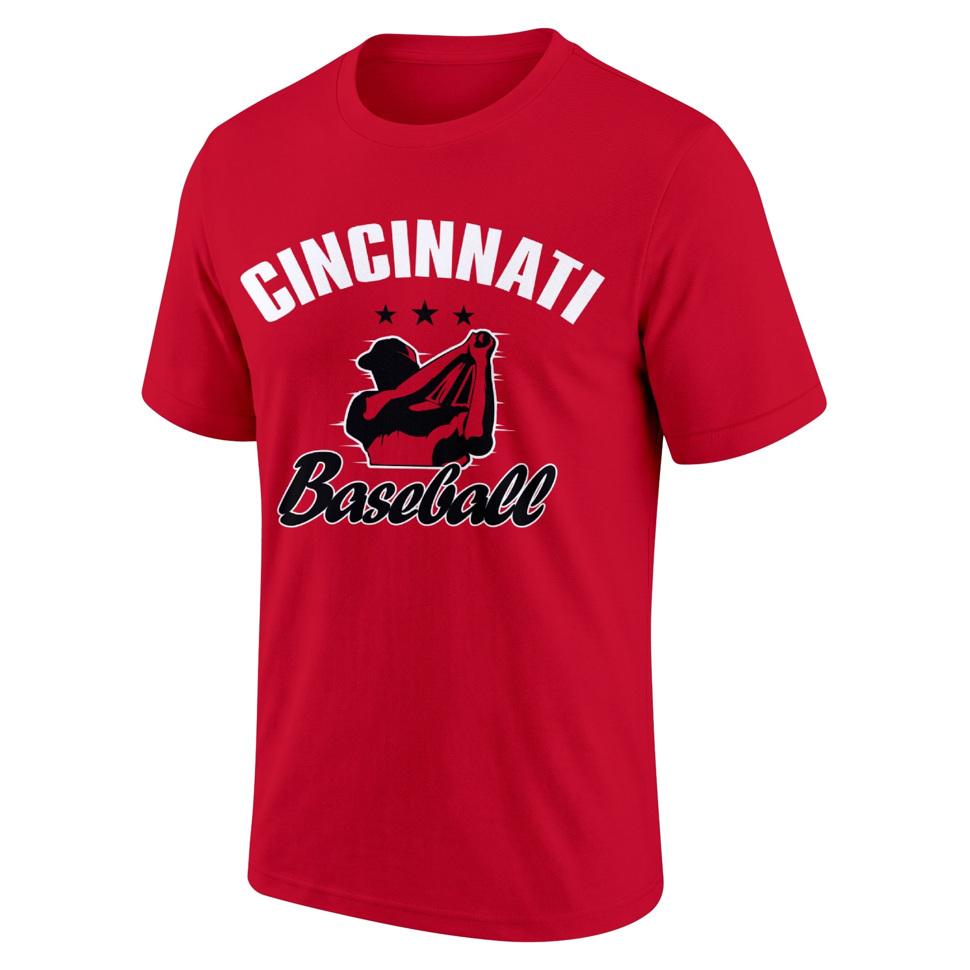 Cincinnati Red adult baseball T shirt front view with city lettering baseball player graphic and Baseball script