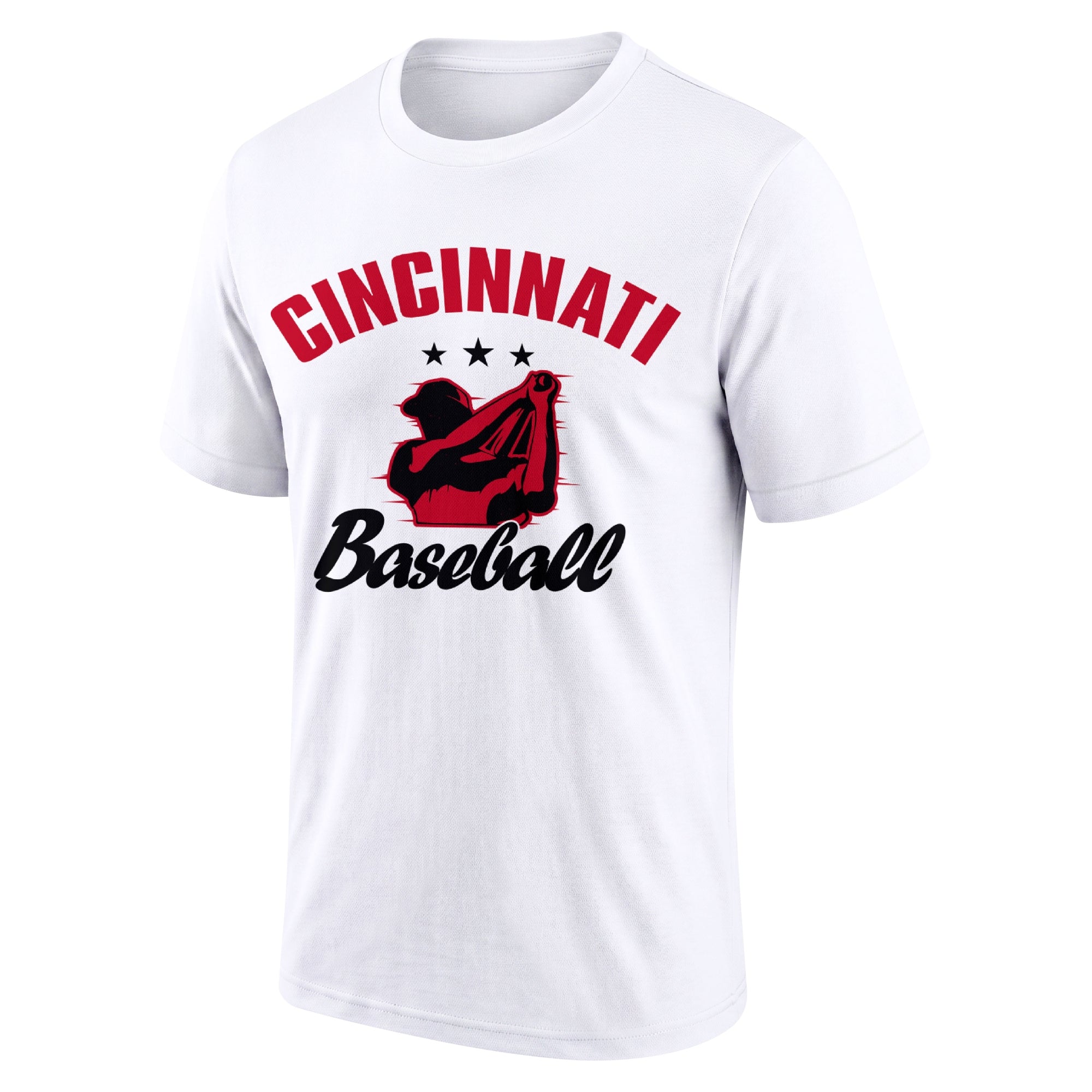 Cincinnati White adult baseball T shirt front view with city lettering baseball player graphic and Baseball script