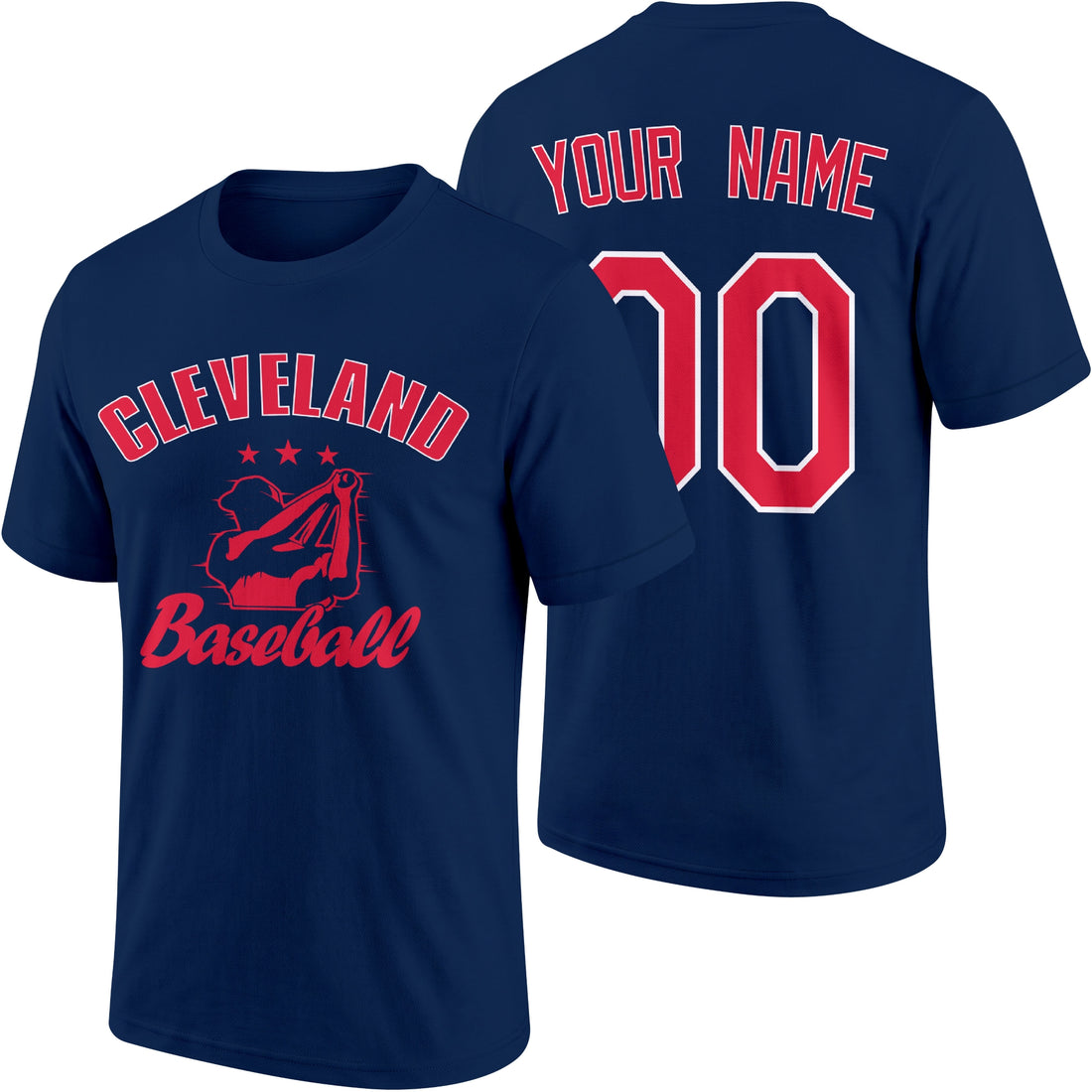 Cleveland personalized adult baseball T shirt in Navy showing front and back with custom name and number