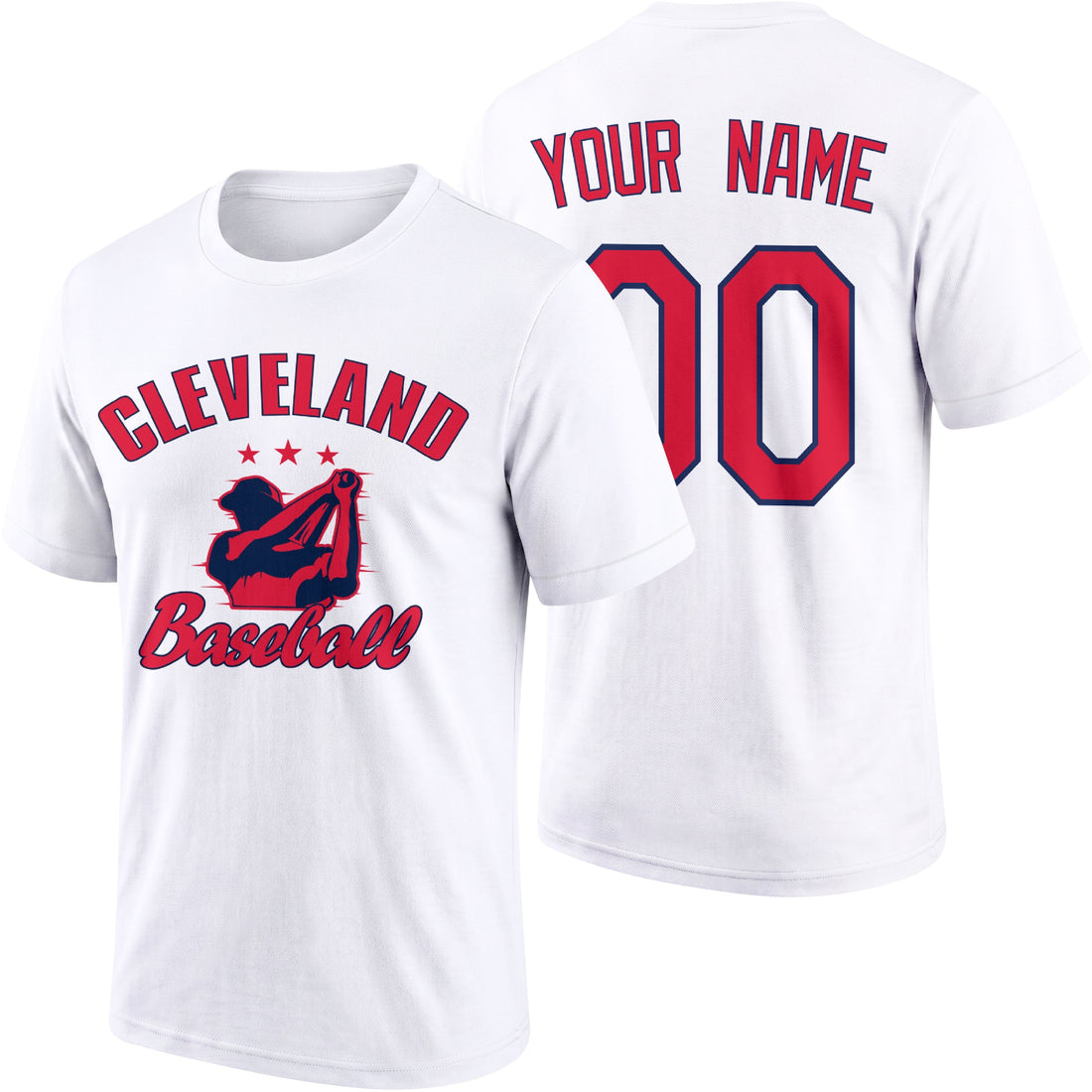 Cleveland personalized adult baseball T shirt in Navy showing front and back with custom name and number