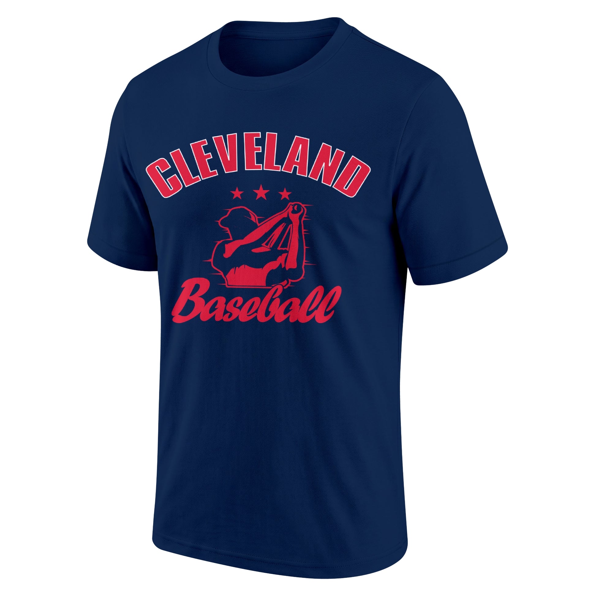 Cleveland Navy adult baseball T shirt front view with city lettering baseball player graphic and Baseball script