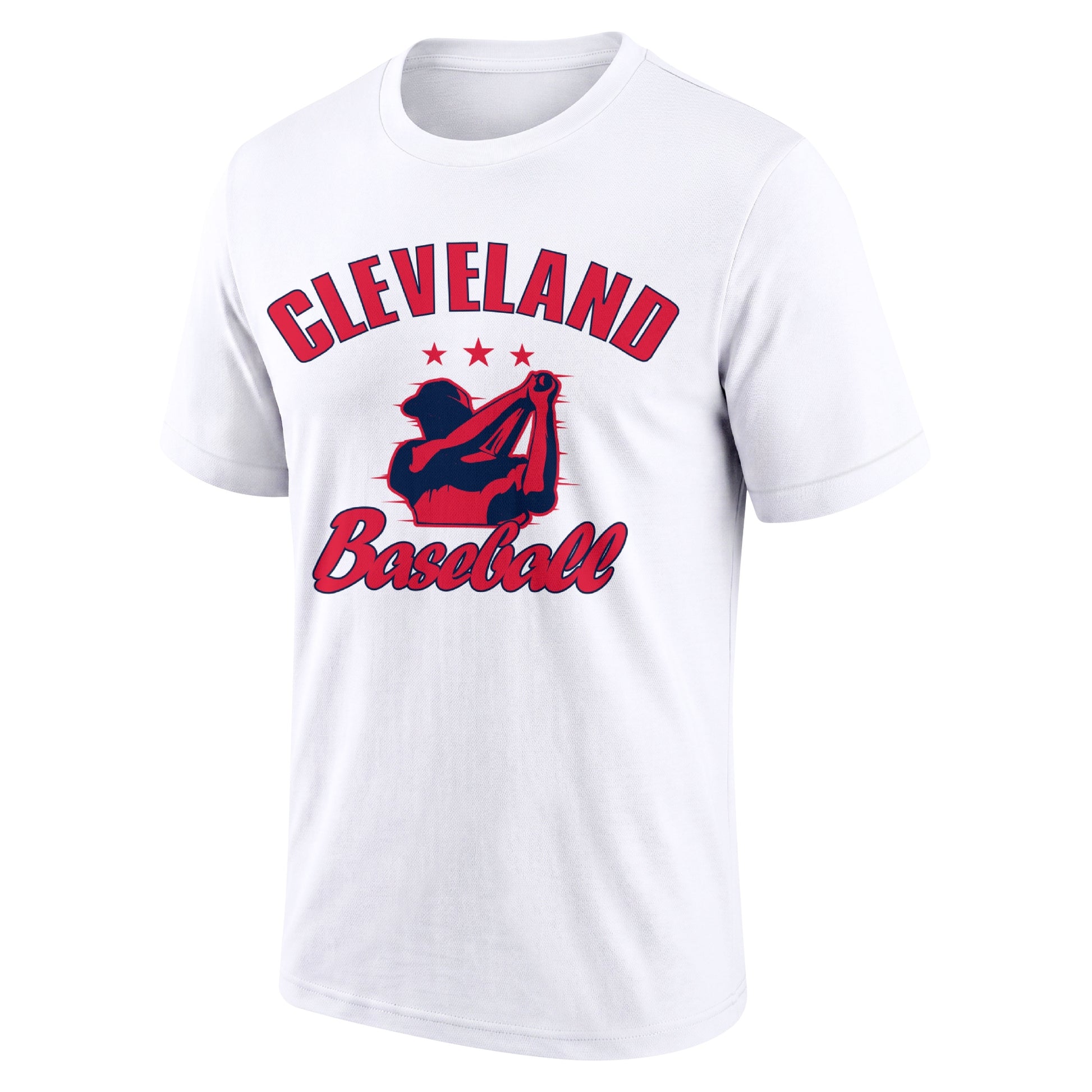 Cleveland White adult baseball T shirt front view with city lettering baseball player graphic and Baseball script