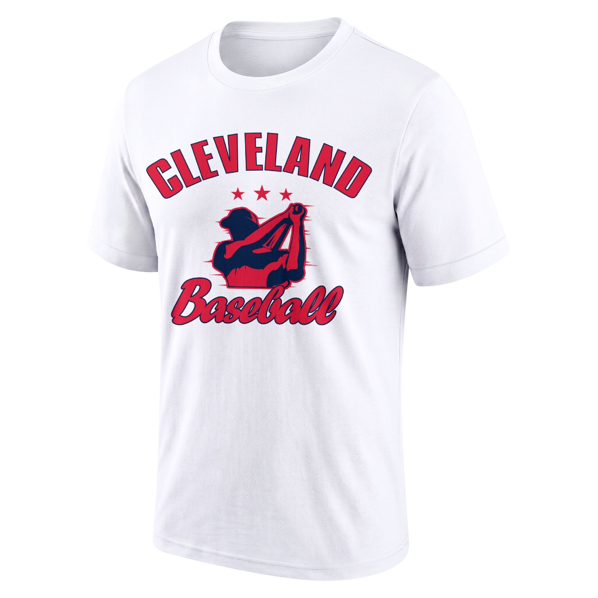 Cleveland White adult baseball T shirt front view with city lettering baseball player graphic and Baseball script