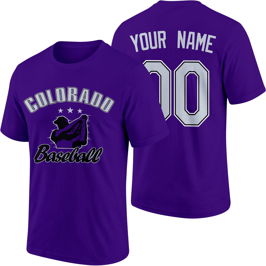 Colorado personalized adult baseball T shirt in Purple showing front and back with custom name and number