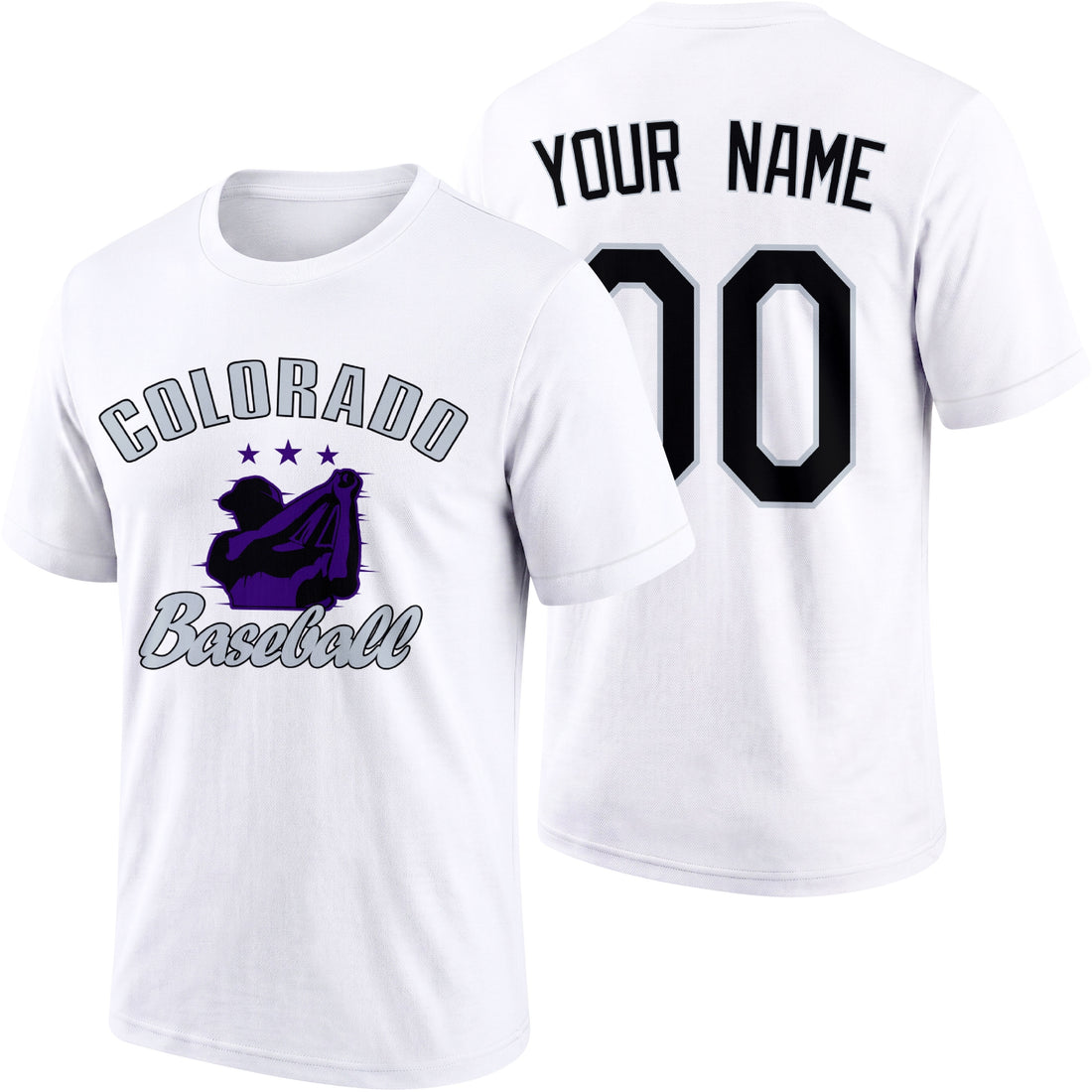 Colorado personalized adult baseball T shirt in Purple showing front and back with custom name and number
