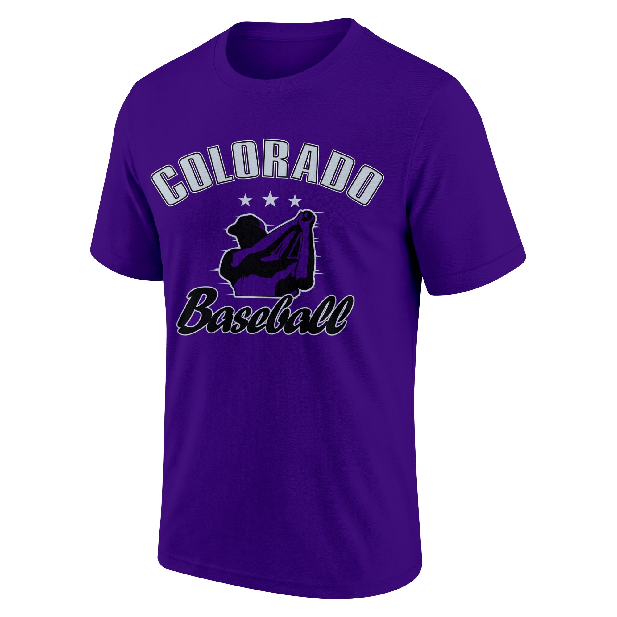 Colorado Purple adult baseball T shirt front view with city lettering baseball player graphic and Baseball script