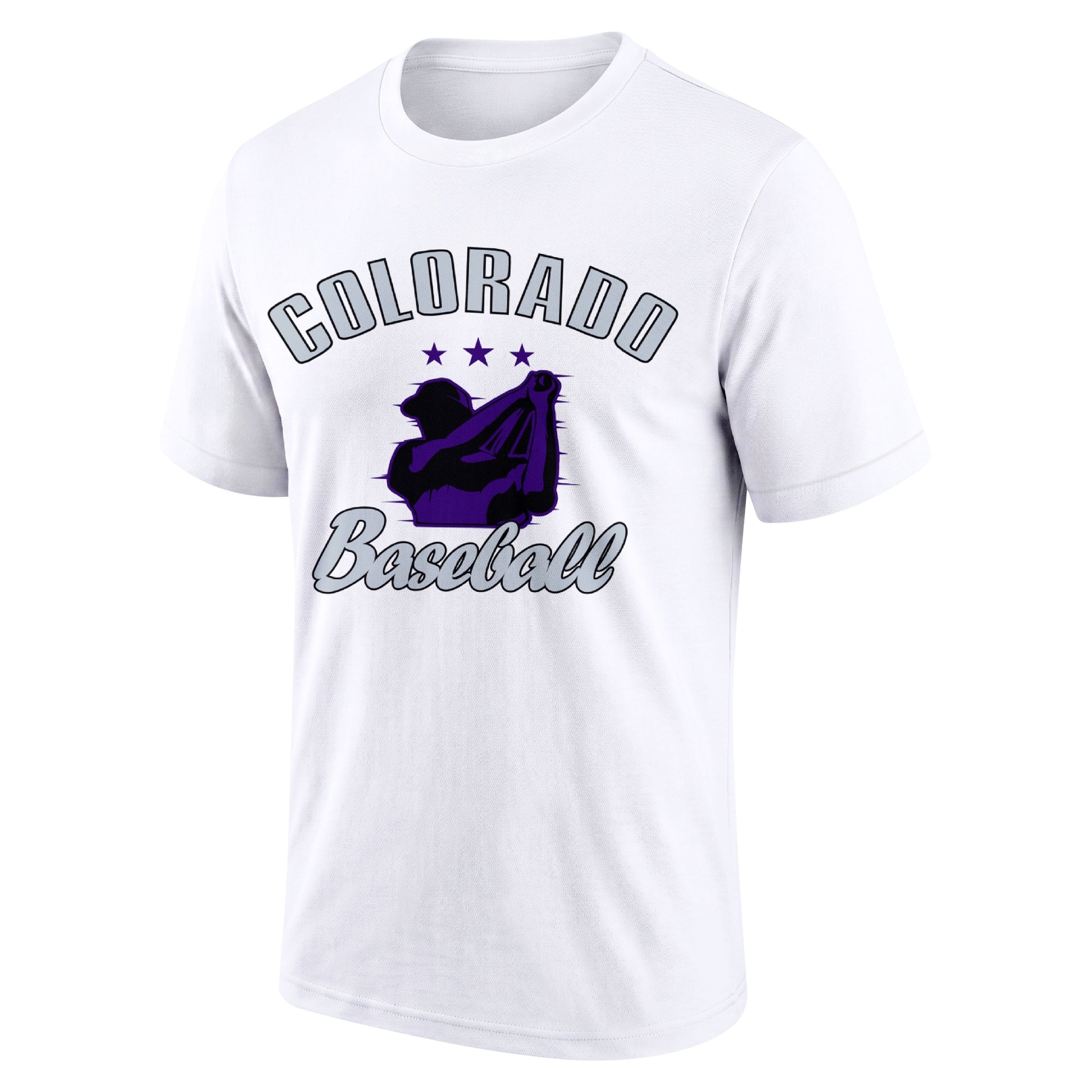Colorado White adult baseball T shirt front view with city lettering baseball player graphic and Baseball script