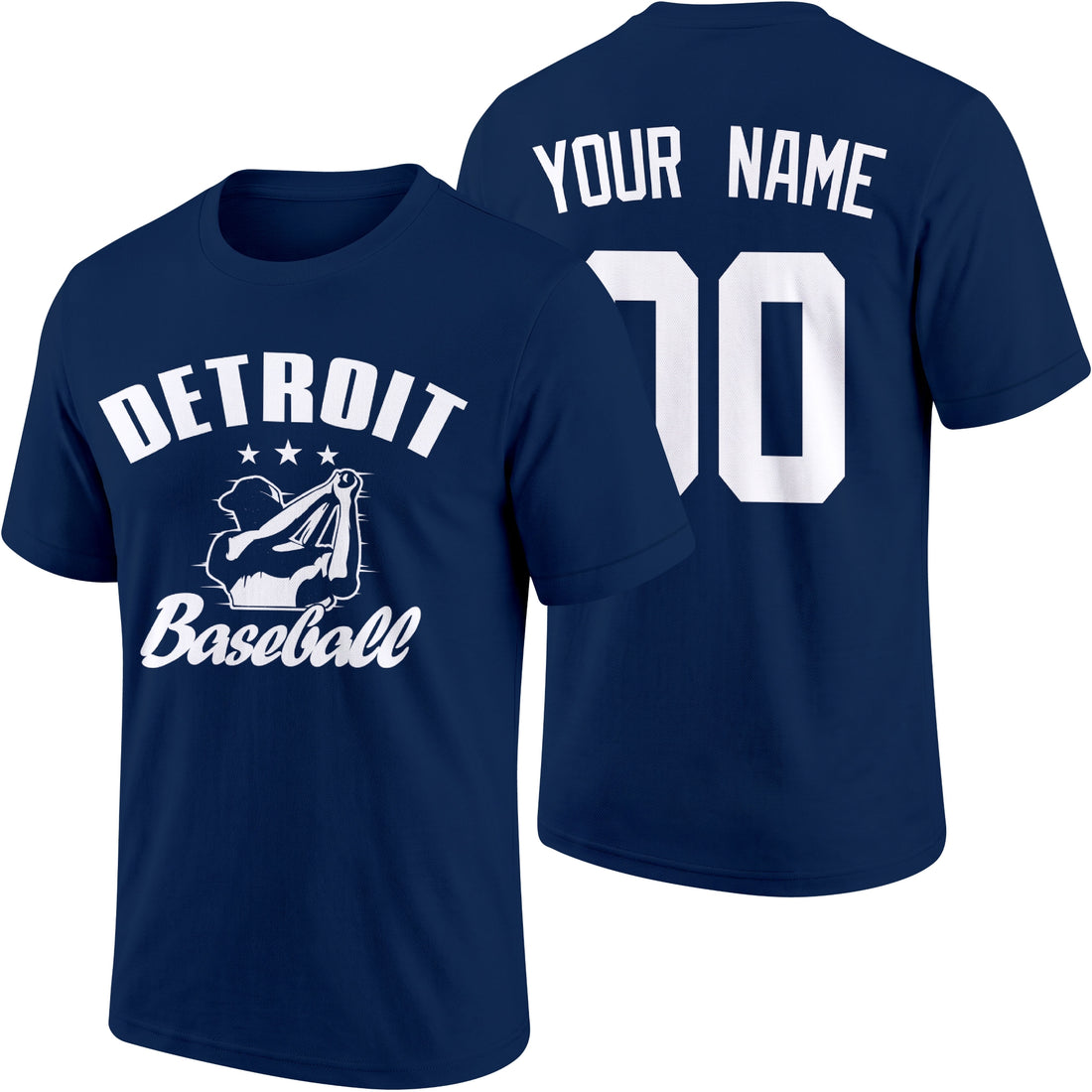 Detroit personalized adult baseball T shirt in Navy showing front and back with custom name and number